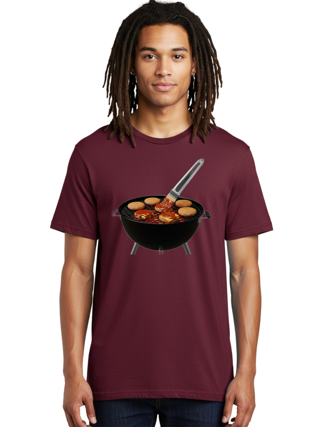 Burger-On-Grill Men'S Graphic Tee, 100% Cotton, Comfortable Casual Summer Wear, Machine Washable, Grilled Burgers, Bbq Sauce, Barbecue Brush, Outdoor Cooking, Grill Marks, Gourmet Burgers, Delicious Food, Appetizing Meal, Summer Grilling Bab701
