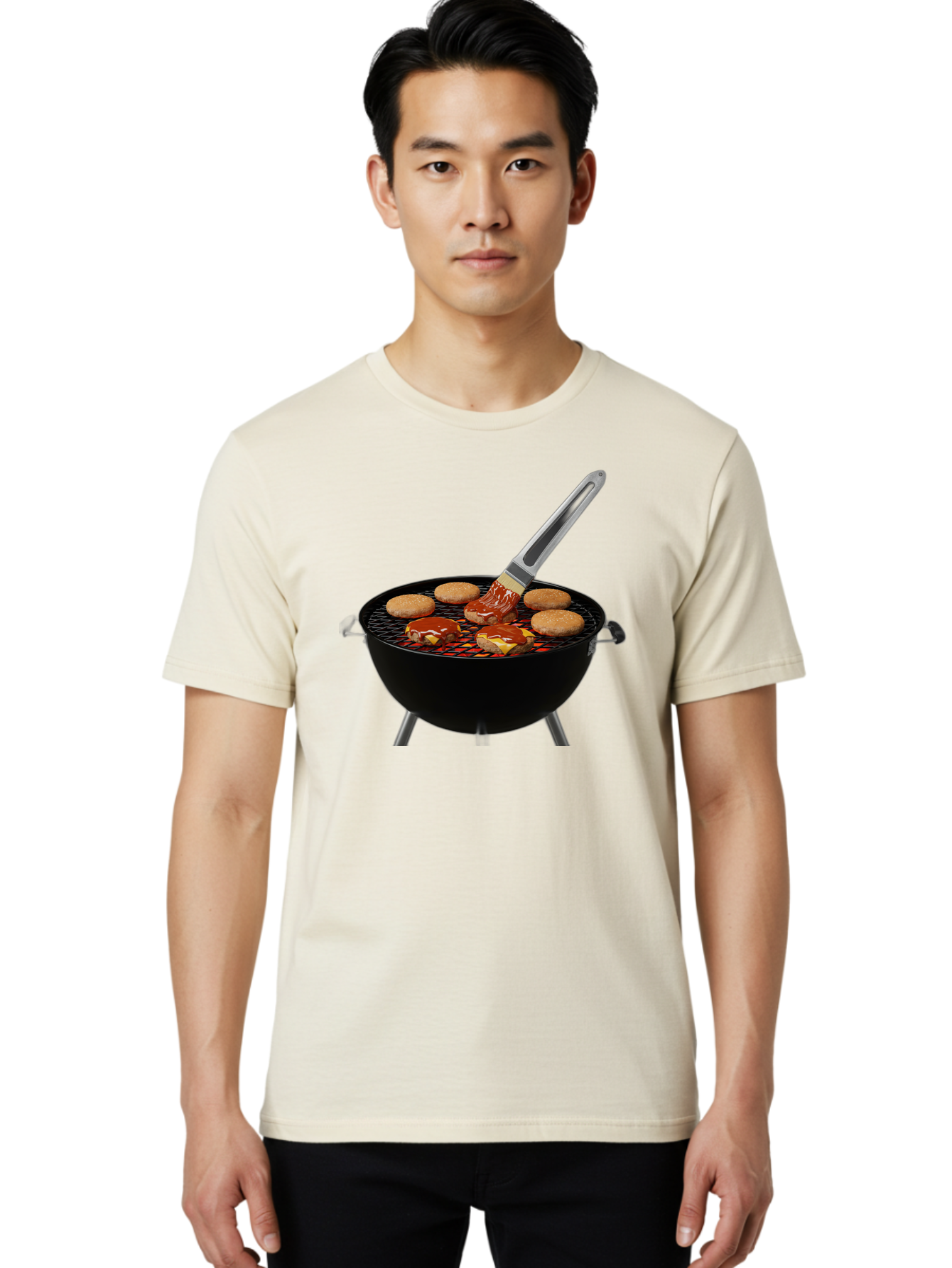 Burger-On-Grill Men'S Graphic Tee, 100% Cotton, Comfortable Casual Summer Wear, Machine Washable, Grilled Burgers, Bbq Sauce, Barbecue Brush, Outdoor Cooking, Grill Marks, Gourmet Burgers, Delicious Food, Appetizing Meal, Summer Grilling Bab701
