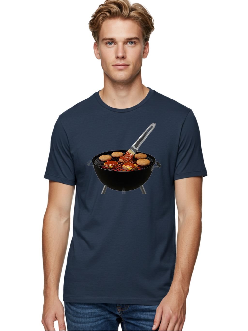 Burger-On-Grill Men'S Graphic Tee, 100% Cotton, Comfortable Casual Summer Wear, Machine Washable, Grilled Burgers, Bbq Sauce, Barbecue Brush, Outdoor Cooking, Grill Marks, Gourmet Burgers, Delicious Food, Appetizing Meal, Summer Grilling Bab701