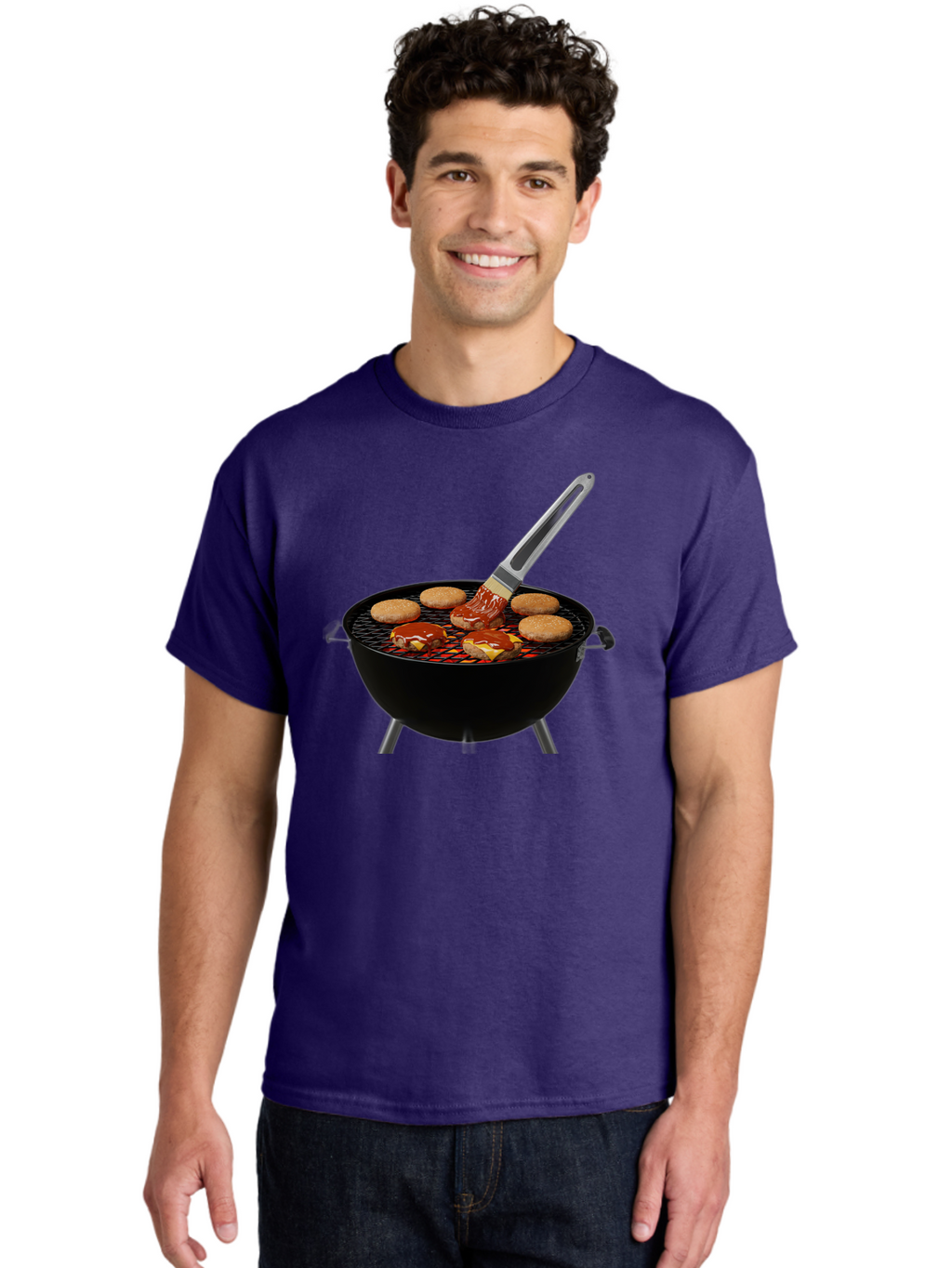 Burger-On-Grill Men'S Graphic Tee, 100% Cotton, Comfortable Casual Summer Wear, Machine Washable, Grilled Burgers, Bbq Sauce, Barbecue Brush, Outdoor Cooking, Grill Marks, Gourmet Burgers, Delicious Food, Appetizing Meal, Summer Grilling Bab701