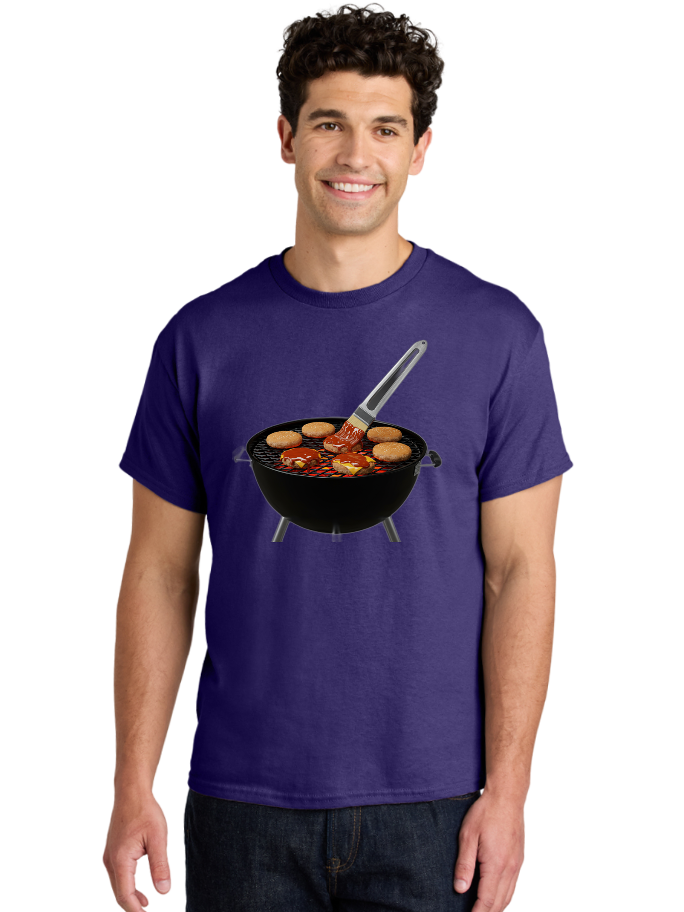 Burger-On-Grill Men'S Graphic Tee, 100% Cotton, Comfortable Casual Summer Wear, Machine Washable, Grilled Burgers, Bbq Sauce, Barbecue Brush, Outdoor Cooking, Grill Marks, Gourmet Burgers, Delicious Food, Appetizing Meal, Summer Grilling Bab701