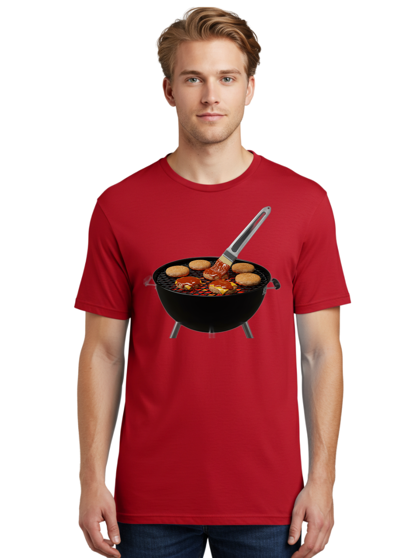 Burger-On-Grill Men'S Graphic Tee, 100% Cotton, Comfortable Casual Summer Wear, Machine Washable, Grilled Burgers, Bbq Sauce, Barbecue Brush, Outdoor Cooking, Grill Marks, Gourmet Burgers, Delicious Food, Appetizing Meal, Summer Grilling Bab701