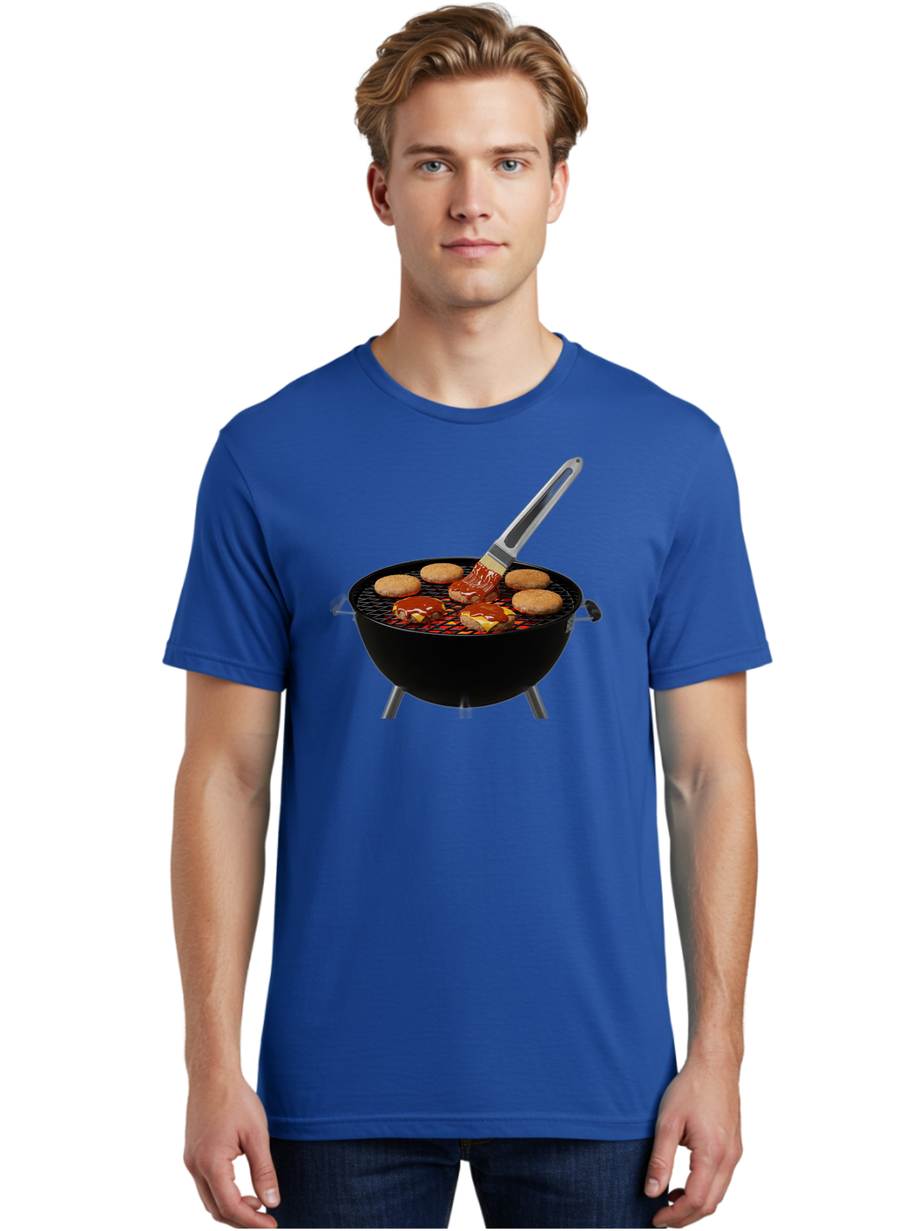 Burger-On-Grill Men'S Graphic Tee, 100% Cotton, Comfortable Casual Summer Wear, Machine Washable, Grilled Burgers, Bbq Sauce, Barbecue Brush, Outdoor Cooking, Grill Marks, Gourmet Burgers, Delicious Food, Appetizing Meal, Summer Grilling Bab701