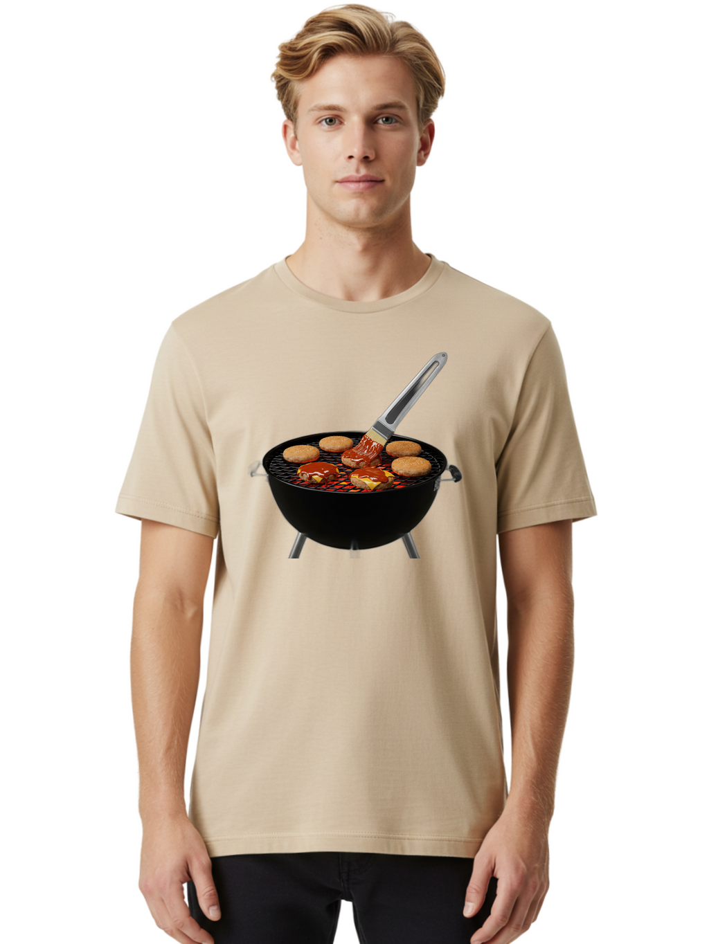 Burger-On-Grill Men'S Graphic Tee, 100% Cotton, Comfortable Casual Summer Wear, Machine Washable, Grilled Burgers, Bbq Sauce, Barbecue Brush, Outdoor Cooking, Grill Marks, Gourmet Burgers, Delicious Food, Appetizing Meal, Summer Grilling Bab701