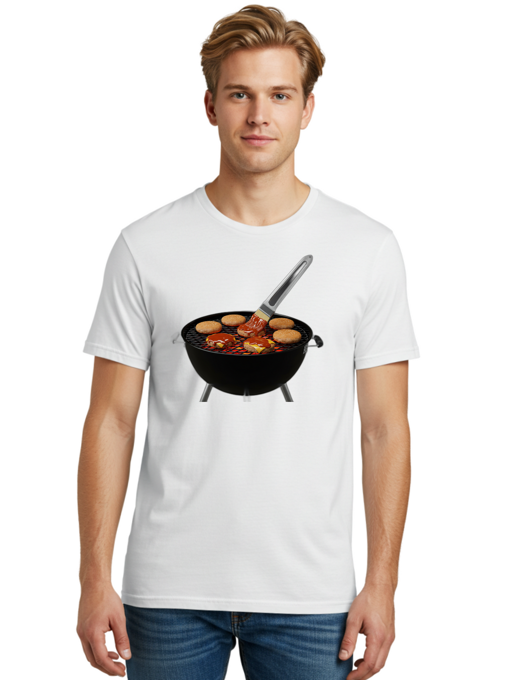 Burger-On-Grill Men'S Graphic Tee, 100% Cotton, Comfortable Casual Summer Wear, Machine Washable, Grilled Burgers, Bbq Sauce, Barbecue Brush, Outdoor Cooking, Grill Marks, Gourmet Burgers, Delicious Food, Appetizing Meal, Summer Grilling Bab701