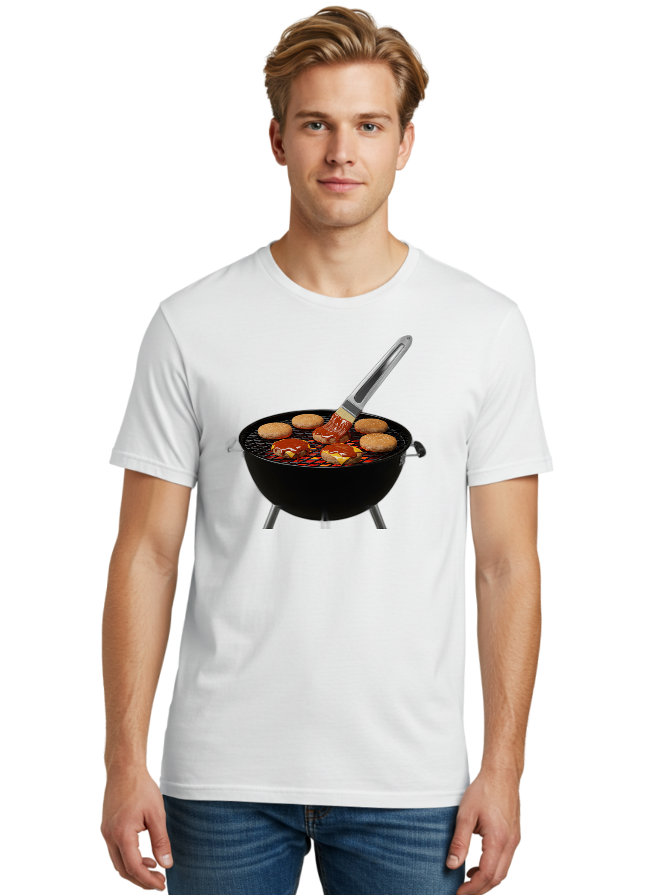 Burger-On-Grill Men'S Graphic Tee, 100% Cotton, Comfortable Casual Summer Wear, Machine Washable, Grilled Burgers, Bbq Sauce, Barbecue Brush, Outdoor Cooking, Grill Marks, Gourmet Burgers, Delicious Food, Appetizing Meal, Summer Grilling Bab701