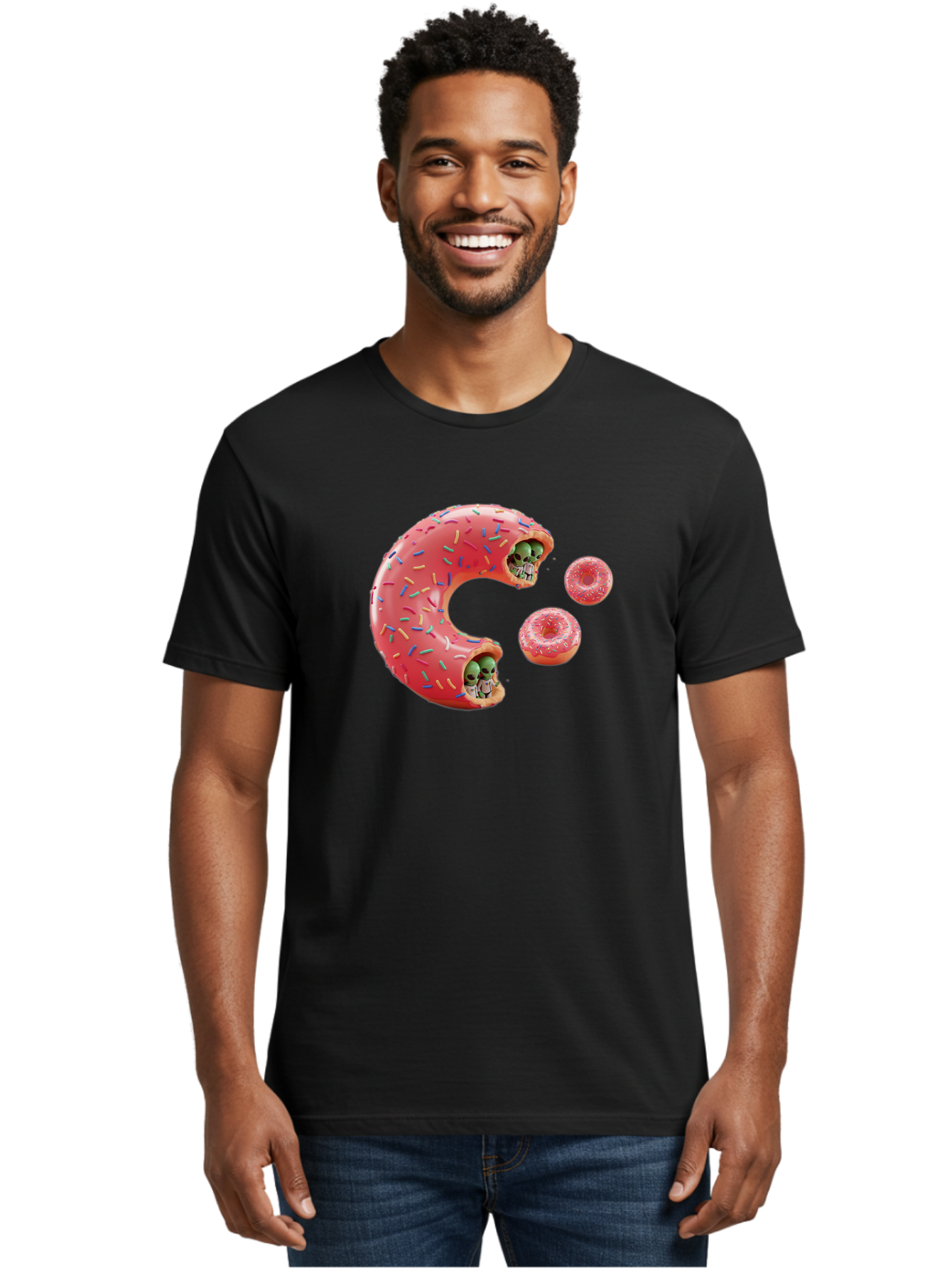 C-Donut Men'S Graphic Tee, 100% Cotton, Comfortable Casual Summer Wear, Machine Washable, Pink Frosted Donuts, Donut Holes With Aliens, 3D Rendered Donuts, Sprinkles On Donuts, Cute Donut Art, Alien Heads In Donuts, Surreal Dessert, Bab702