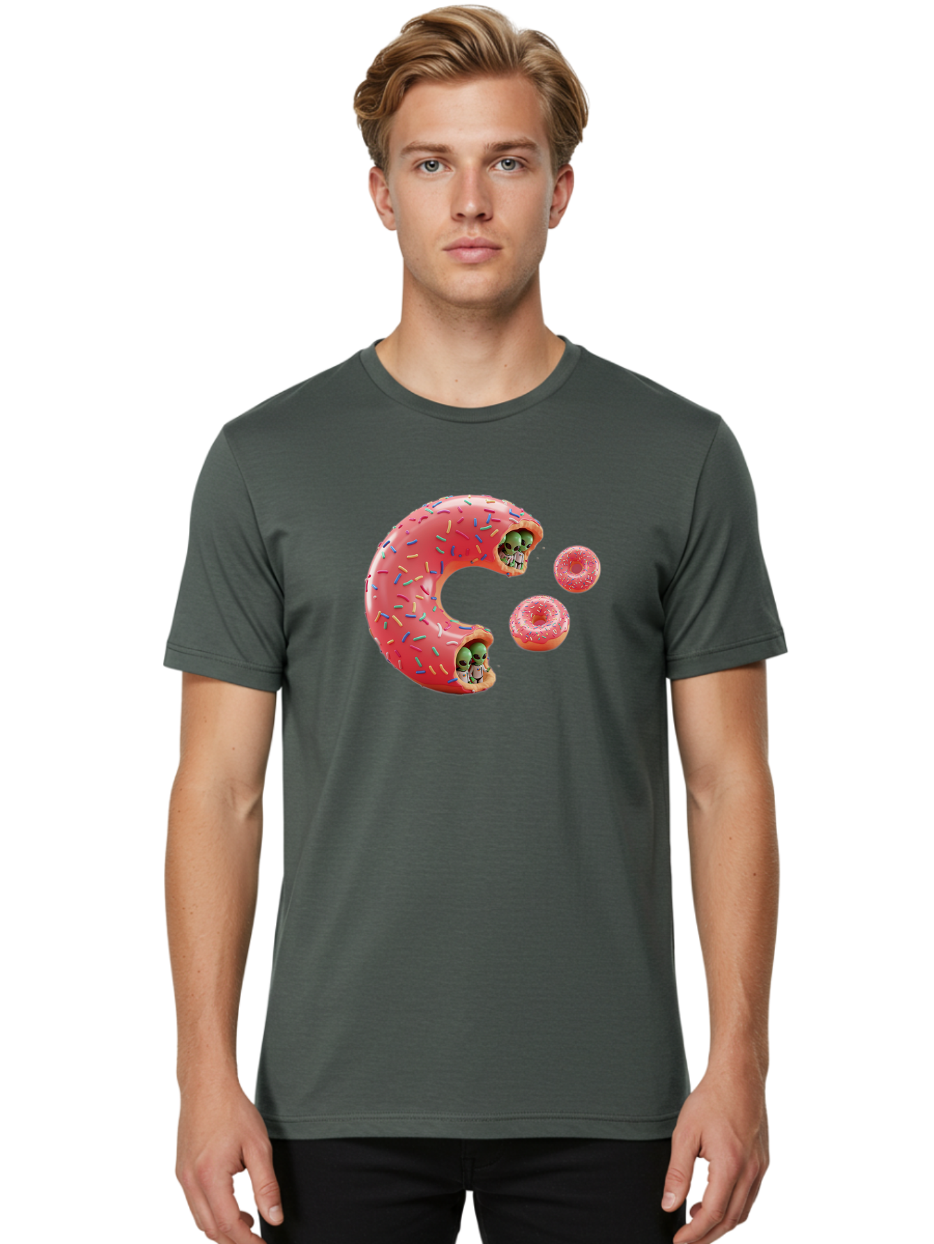 C-Donut Men'S Graphic Tee, 100% Cotton, Comfortable Casual Summer Wear, Machine Washable, Pink Frosted Donuts, Donut Holes With Aliens, 3D Rendered Donuts, Sprinkles On Donuts, Cute Donut Art, Alien Heads In Donuts, Surreal Dessert, Bab702