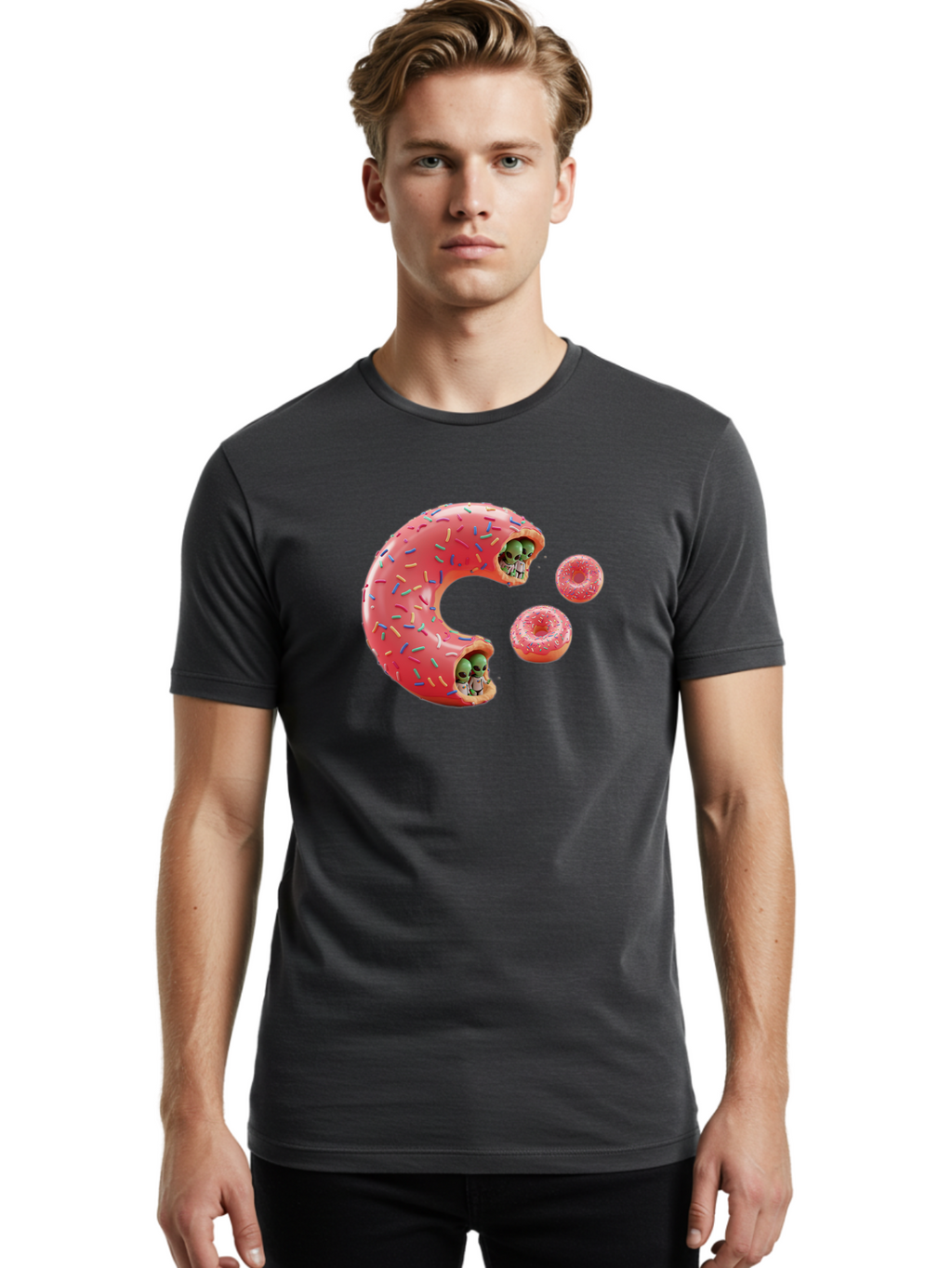 C-Donut Men'S Graphic Tee, 100% Cotton, Comfortable Casual Summer Wear, Machine Washable, Pink Frosted Donuts, Donut Holes With Aliens, 3D Rendered Donuts, Sprinkles On Donuts, Cute Donut Art, Alien Heads In Donuts, Surreal Dessert, Bab702