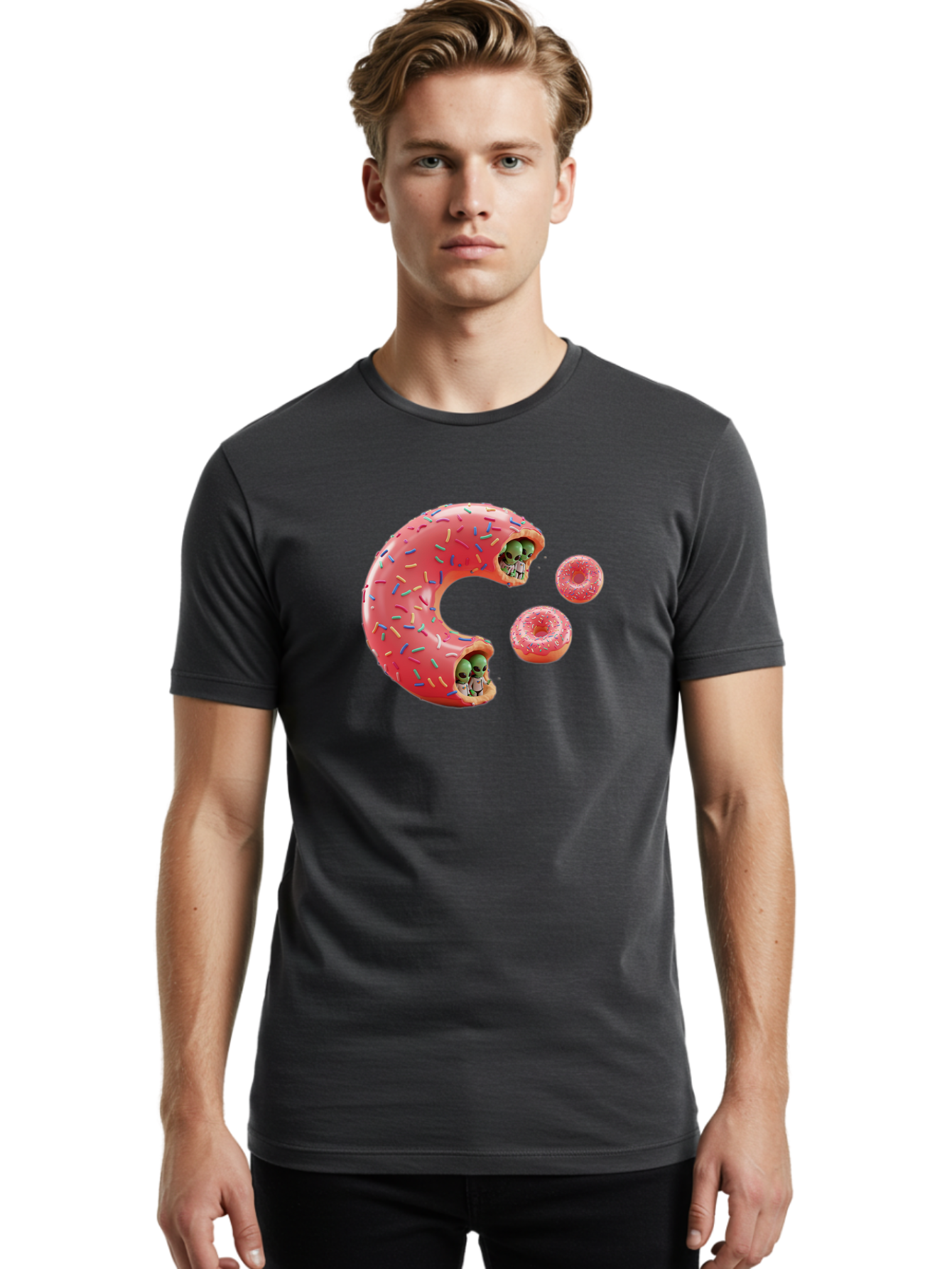 C-Donut Men'S Graphic Tee, 100% Cotton, Comfortable Casual Summer Wear, Machine Washable, Pink Frosted Donuts, Donut Holes With Aliens, 3D Rendered Donuts, Sprinkles On Donuts, Cute Donut Art, Alien Heads In Donuts, Surreal Dessert, Bab702