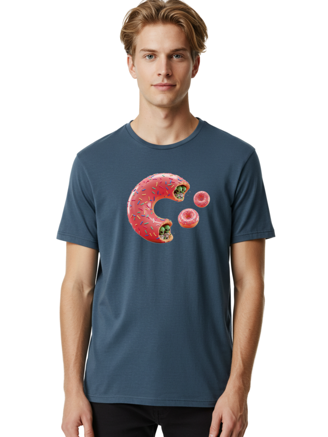 C-Donut Men'S Graphic Tee, 100% Cotton, Comfortable Casual Summer Wear, Machine Washable, Pink Frosted Donuts, Donut Holes With Aliens, 3D Rendered Donuts, Sprinkles On Donuts, Cute Donut Art, Alien Heads In Donuts, Surreal Dessert, Bab702
