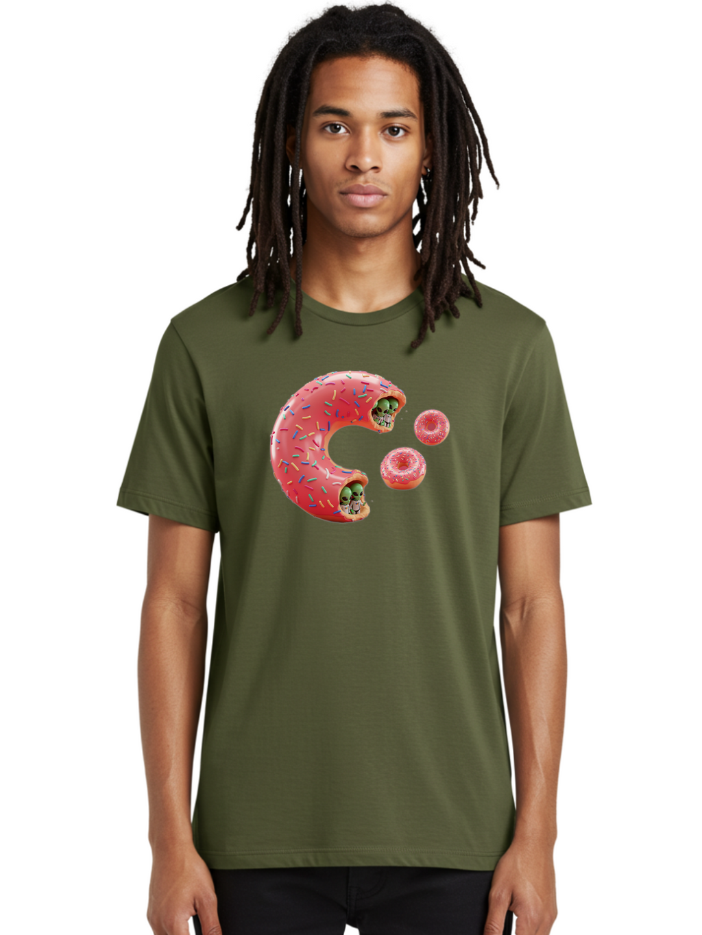 C-Donut Men'S Graphic Tee, 100% Cotton, Comfortable Casual Summer Wear, Machine Washable, Pink Frosted Donuts, Donut Holes With Aliens, 3D Rendered Donuts, Sprinkles On Donuts, Cute Donut Art, Alien Heads In Donuts, Surreal Dessert, Bab702