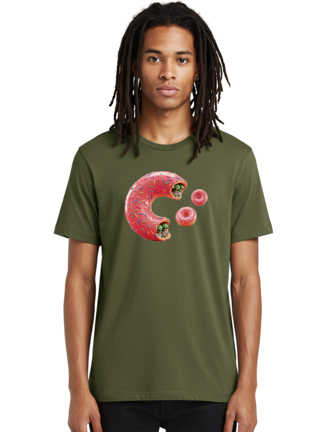 C-Donut Men'S Graphic Tee, 100% Cotton, Comfortable Casual Summer Wear, Machine Washable, Pink Frosted Donuts, Donut Holes With Aliens, 3D Rendered Donuts, Sprinkles On Donuts, Cute Donut Art, Alien Heads In Donuts, Surreal Dessert, Bab702