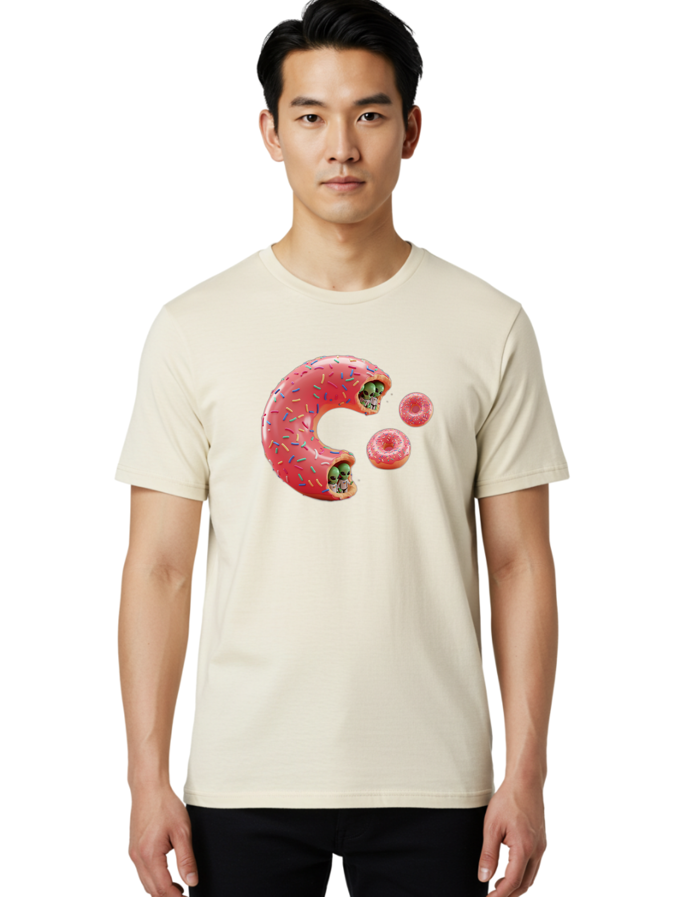 C-Donut Men'S Graphic Tee, 100% Cotton, Comfortable Casual Summer Wear, Machine Washable, Pink Frosted Donuts, Donut Holes With Aliens, 3D Rendered Donuts, Sprinkles On Donuts, Cute Donut Art, Alien Heads In Donuts, Surreal Dessert, Bab702