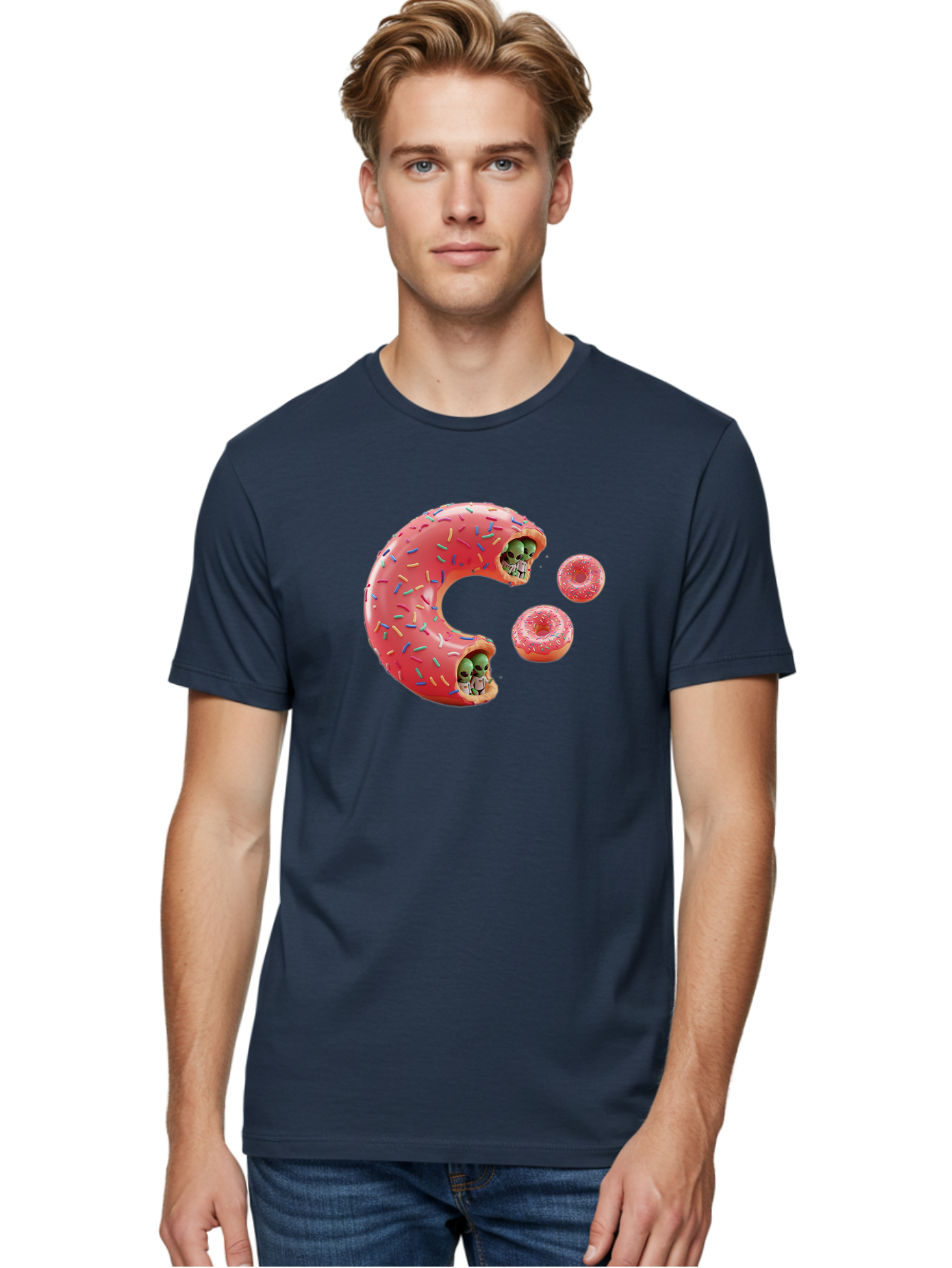 C-Donut Men'S Graphic Tee, 100% Cotton, Comfortable Casual Summer Wear, Machine Washable, Pink Frosted Donuts, Donut Holes With Aliens, 3D Rendered Donuts, Sprinkles On Donuts, Cute Donut Art, Alien Heads In Donuts, Surreal Dessert, Bab702