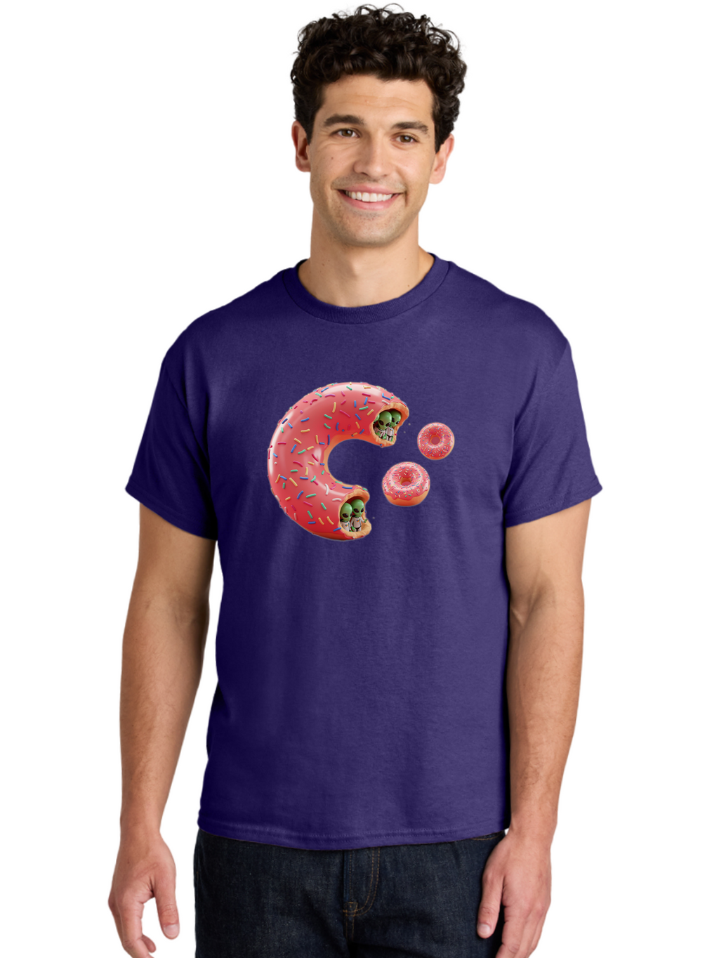 C-Donut Men'S Graphic Tee, 100% Cotton, Comfortable Casual Summer Wear, Machine Washable, Pink Frosted Donuts, Donut Holes With Aliens, 3D Rendered Donuts, Sprinkles On Donuts, Cute Donut Art, Alien Heads In Donuts, Surreal Dessert, Bab702