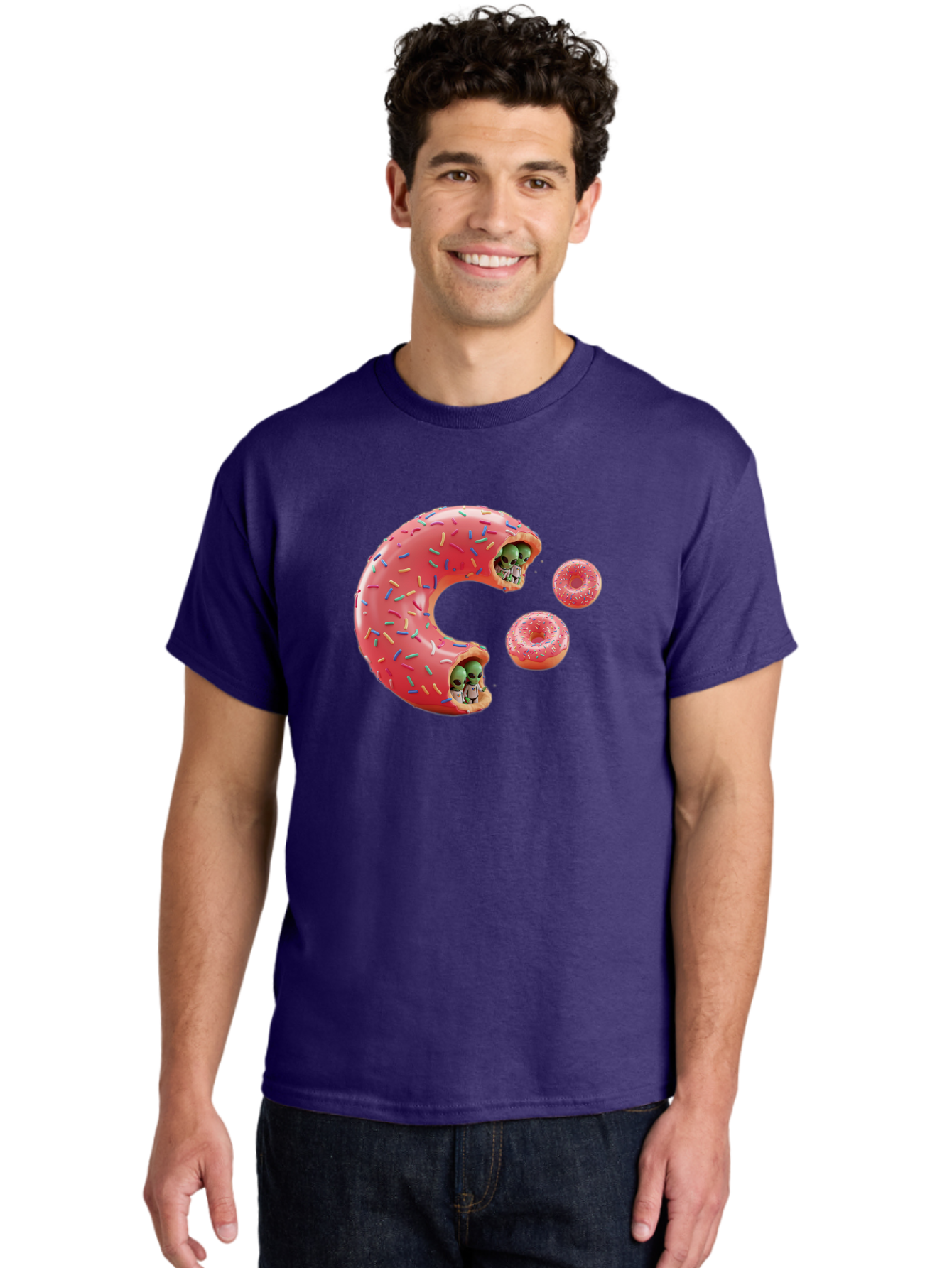 C-Donut Men'S Graphic Tee, 100% Cotton, Comfortable Casual Summer Wear, Machine Washable, Pink Frosted Donuts, Donut Holes With Aliens, 3D Rendered Donuts, Sprinkles On Donuts, Cute Donut Art, Alien Heads In Donuts, Surreal Dessert, Bab702