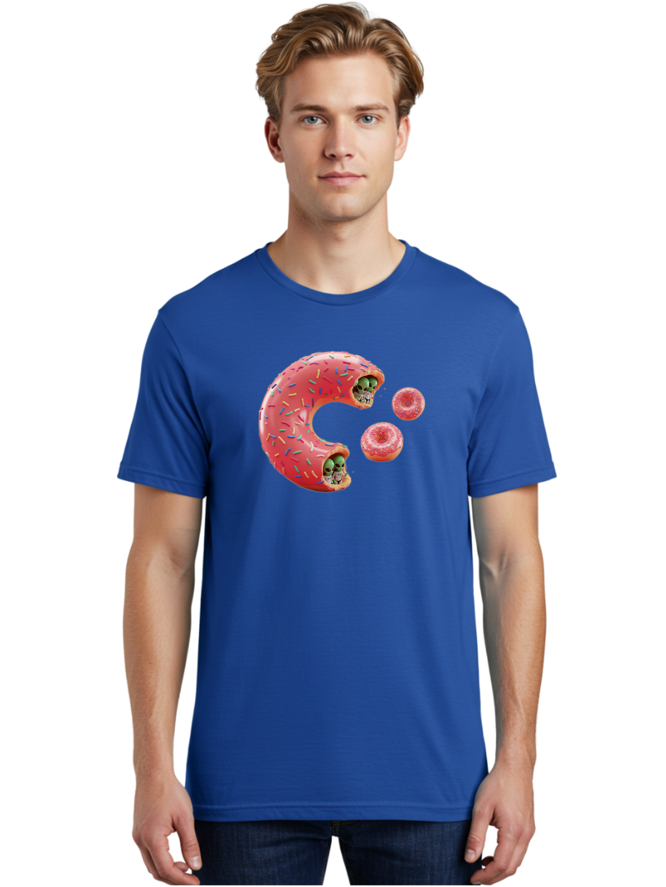 C-Donut Men'S Graphic Tee, 100% Cotton, Comfortable Casual Summer Wear, Machine Washable, Pink Frosted Donuts, Donut Holes With Aliens, 3D Rendered Donuts, Sprinkles On Donuts, Cute Donut Art, Alien Heads In Donuts, Surreal Dessert, Bab702