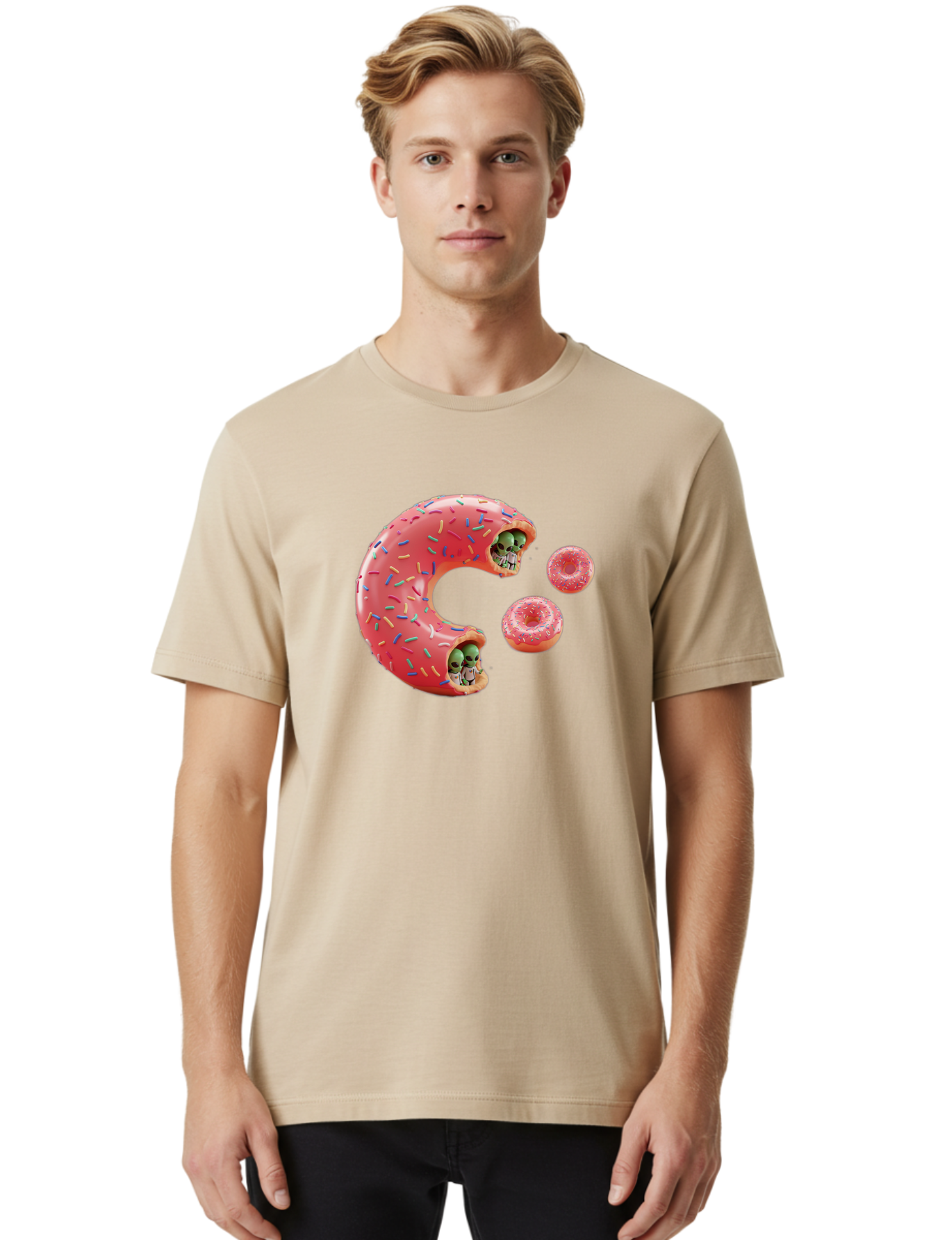 C-Donut Men'S Graphic Tee, 100% Cotton, Comfortable Casual Summer Wear, Machine Washable, Pink Frosted Donuts, Donut Holes With Aliens, 3D Rendered Donuts, Sprinkles On Donuts, Cute Donut Art, Alien Heads In Donuts, Surreal Dessert, Bab702