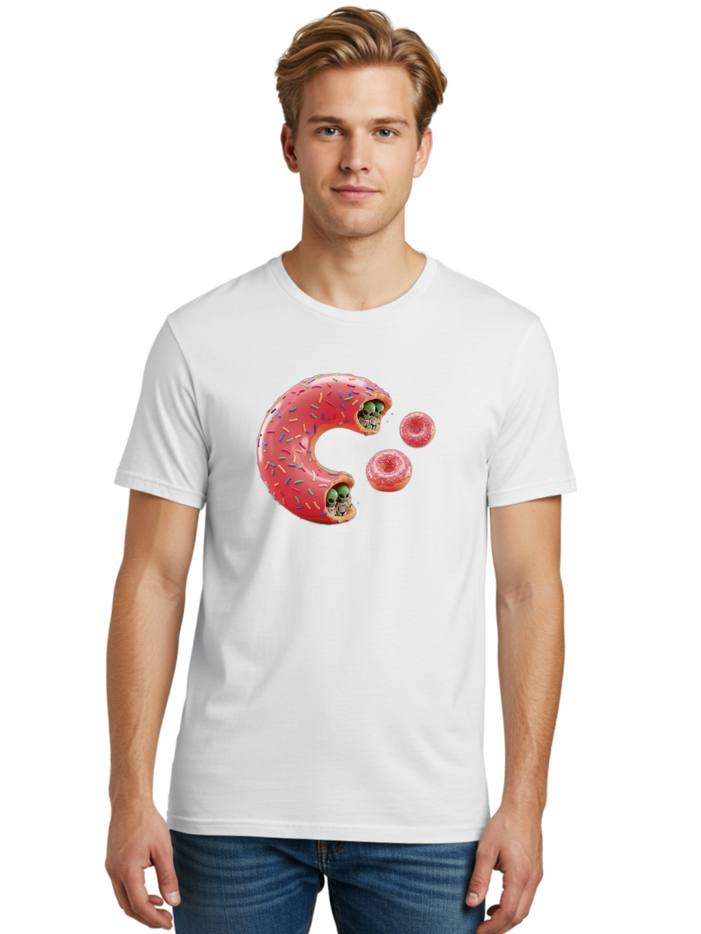 C-Donut Men'S Graphic Tee, 100% Cotton, Comfortable Casual Summer Wear, Machine Washable, Pink Frosted Donuts, Donut Holes With Aliens, 3D Rendered Donuts, Sprinkles On Donuts, Cute Donut Art, Alien Heads In Donuts, Surreal Dessert, Bab702