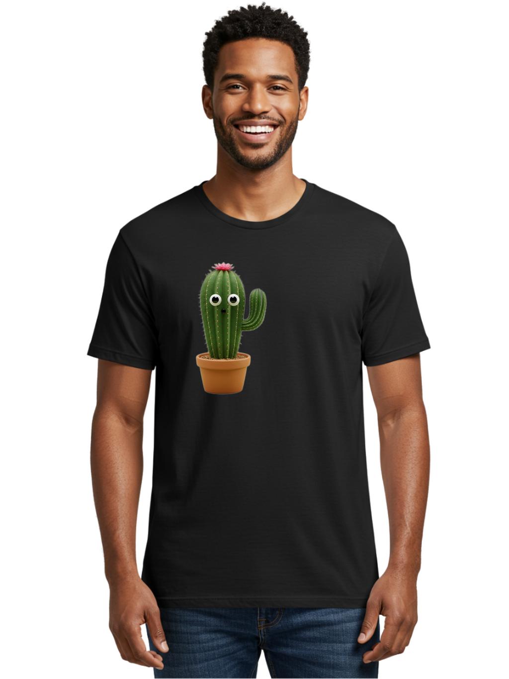 Cactus-With-Eyes Men'S Graphic Tee, 100% Cotton, Comfortable Casual Summer Wear, Machine Washable, Cute Cactus, Cartoon Character, Funny Face, Googley Eyes, Potted Plant, Succulent, Quirky Decor, Whimsical Design, Indoor Plants, Kawaii Bab703