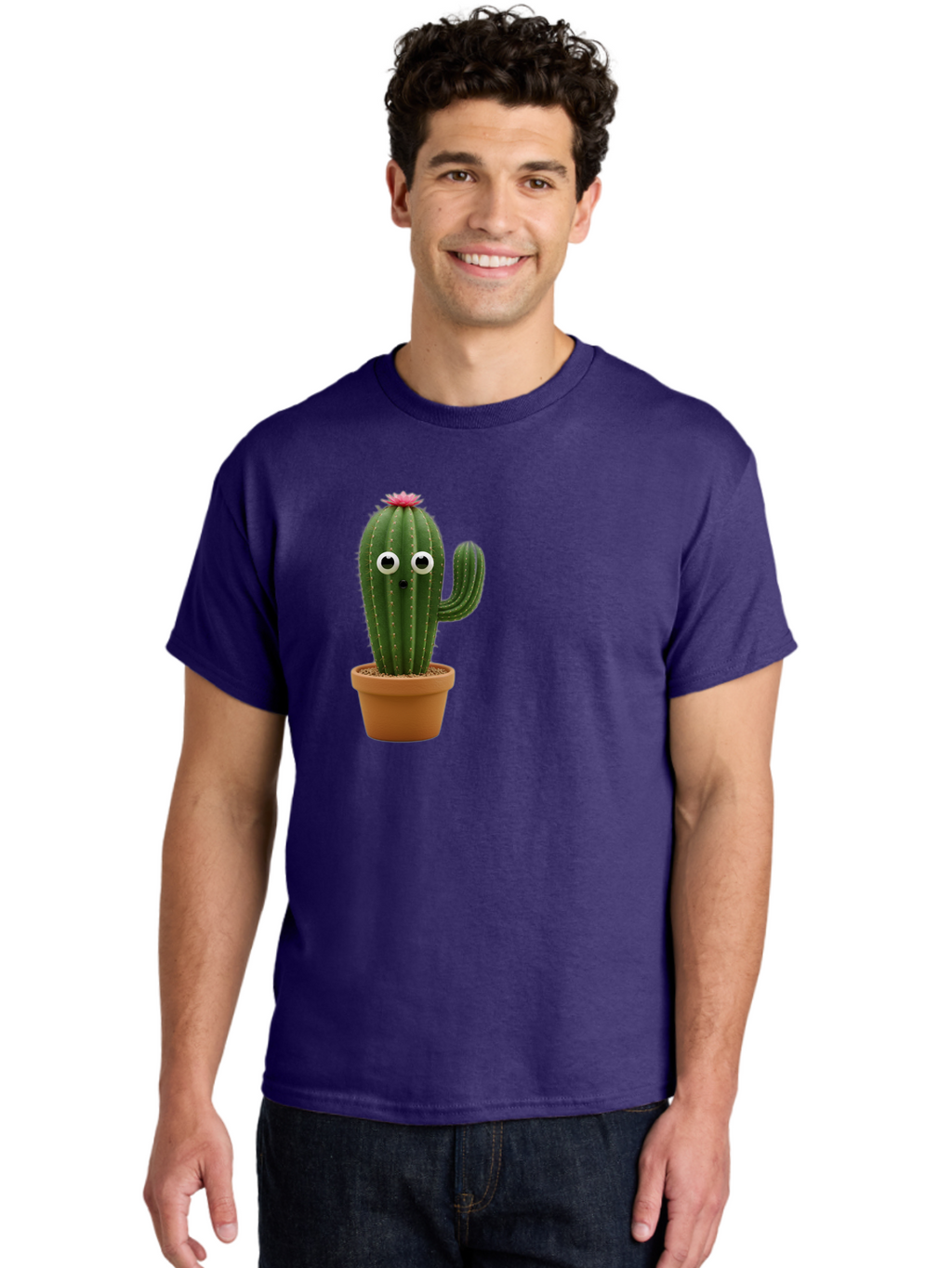 Cactus-With-Eyes Men'S Graphic Tee, 100% Cotton, Comfortable Casual Summer Wear, Machine Washable, Cute Cactus, Cartoon Character, Funny Face, Googley Eyes, Potted Plant, Succulent, Quirky Decor, Whimsical Design, Indoor Plants, Kawaii Bab703