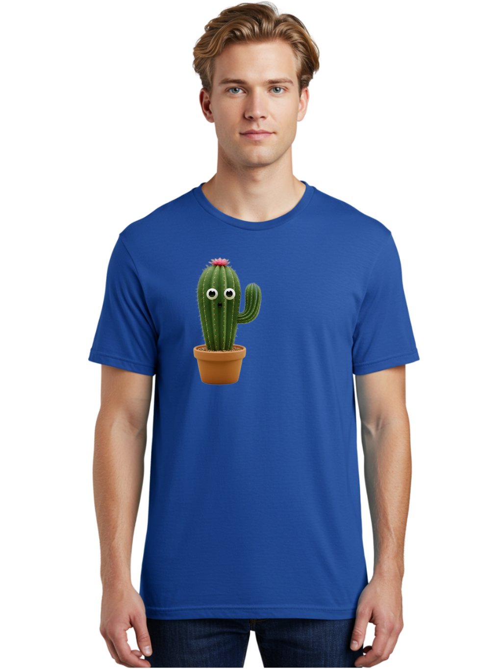 Cactus-With-Eyes Men'S Graphic Tee, 100% Cotton, Comfortable Casual Summer Wear, Machine Washable, Cute Cactus, Cartoon Character, Funny Face, Googley Eyes, Potted Plant, Succulent, Quirky Decor, Whimsical Design, Indoor Plants, Kawaii Bab703