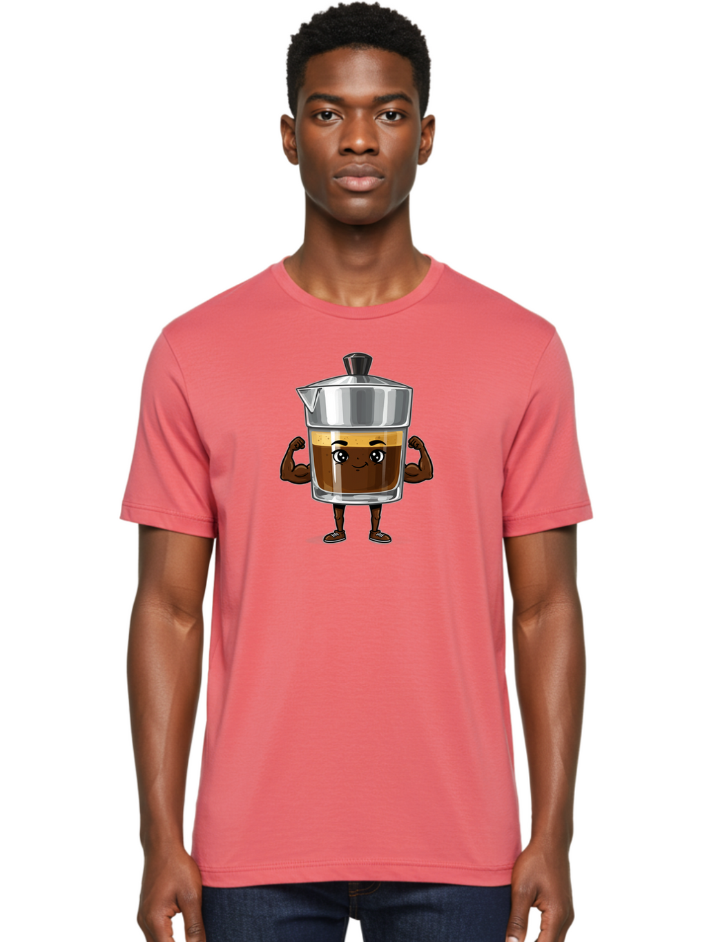 Cafe-Coffee Men'S Graphic Tee, 100% Cotton, Comfortable Casual Summer Wear, Machine Washable, Coffee Maker Character, Brown Coffee, Funny Face, Flexing Arms, Strong Muscles, Cute Cartoon, Coffee Lover, Morning Pick-Me-Up, Daily Grind Bab704