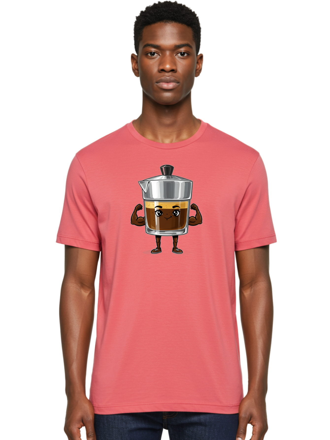 Cafe-Coffee Men'S Graphic Tee, 100% Cotton, Comfortable Casual Summer Wear, Machine Washable, Coffee Maker Character, Brown Coffee, Funny Face, Flexing Arms, Strong Muscles, Cute Cartoon, Coffee Lover, Morning Pick-Me-Up, Daily Grind Bab704