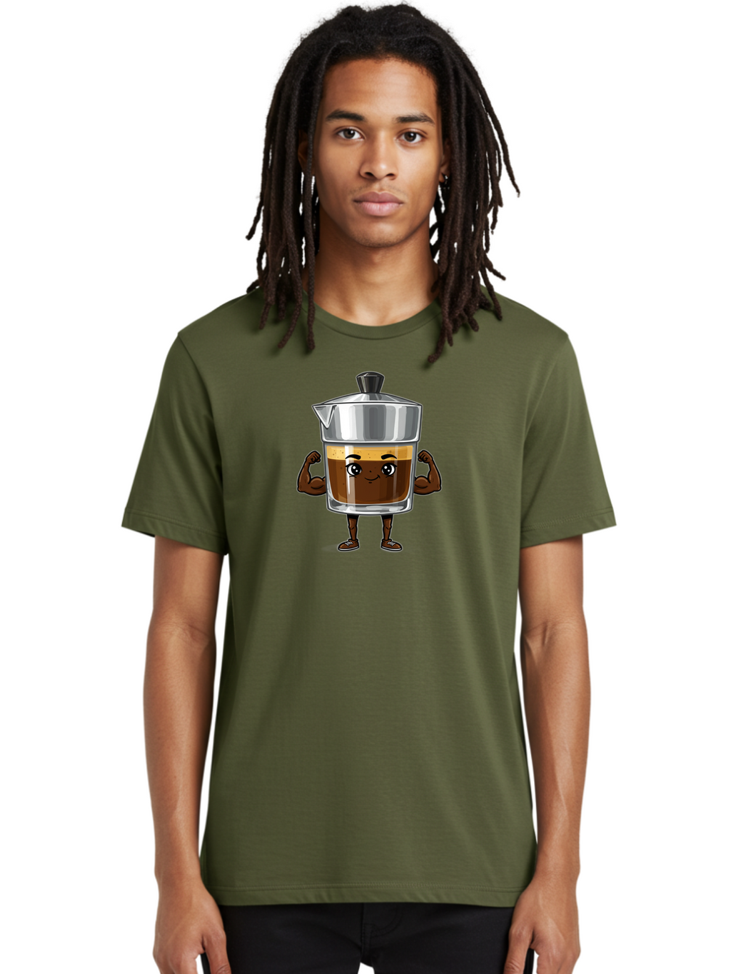 Cafe-Coffee Men'S Graphic Tee, 100% Cotton, Comfortable Casual Summer Wear, Machine Washable, Coffee Maker Character, Brown Coffee, Funny Face, Flexing Arms, Strong Muscles, Cute Cartoon, Coffee Lover, Morning Pick-Me-Up, Daily Grind Bab704