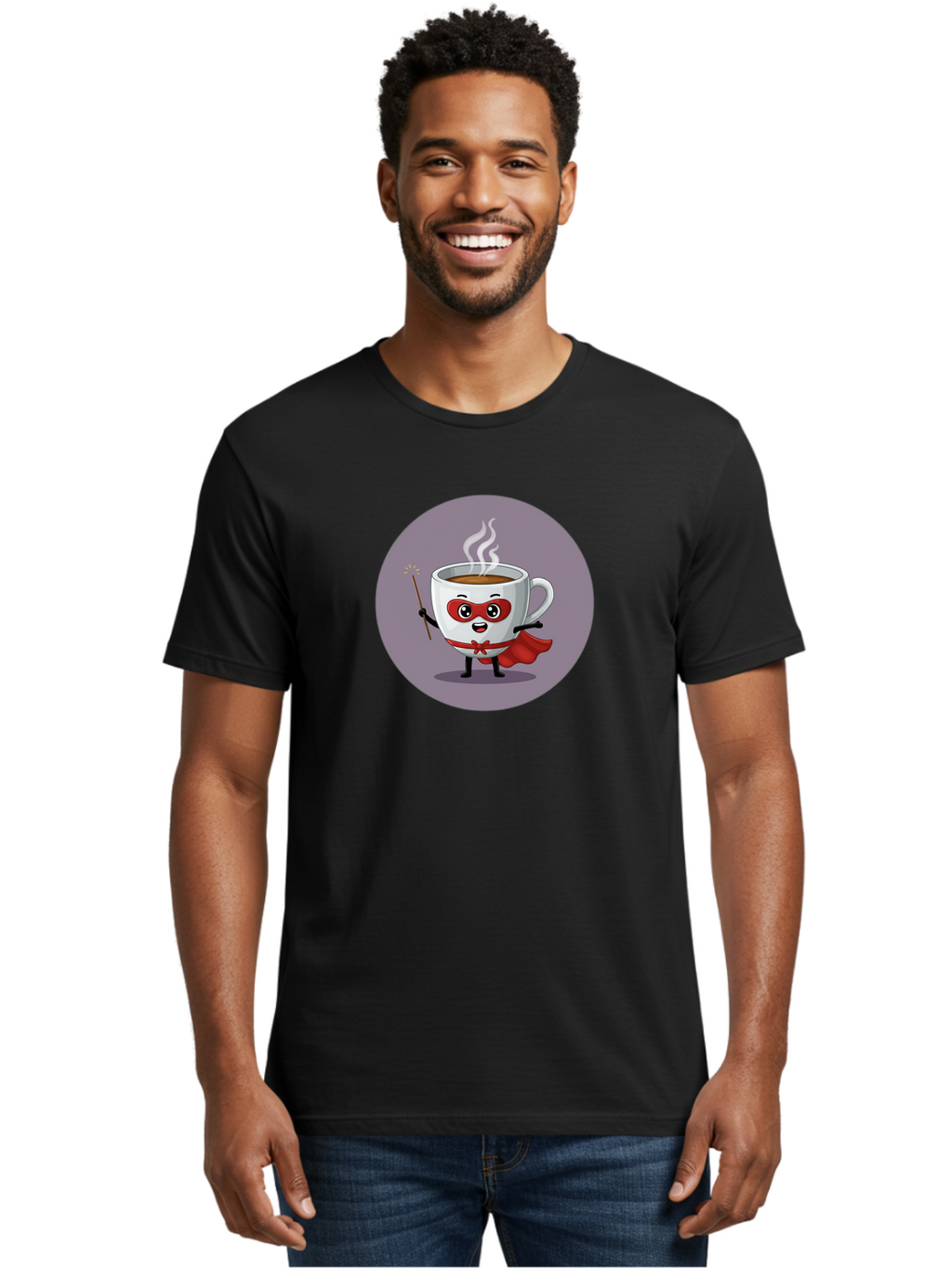 Cafe-Hero Men'S Graphic Tee, 100% Cotton, Comfortable Casual Summer Wear, Machine Washable, Cartoon Coffee Cup, Superhero Theme, Red Mask, Red Cape, Magical Wand, Steaming Hot Coffee, Funny Character, Animated Beverage Bab706