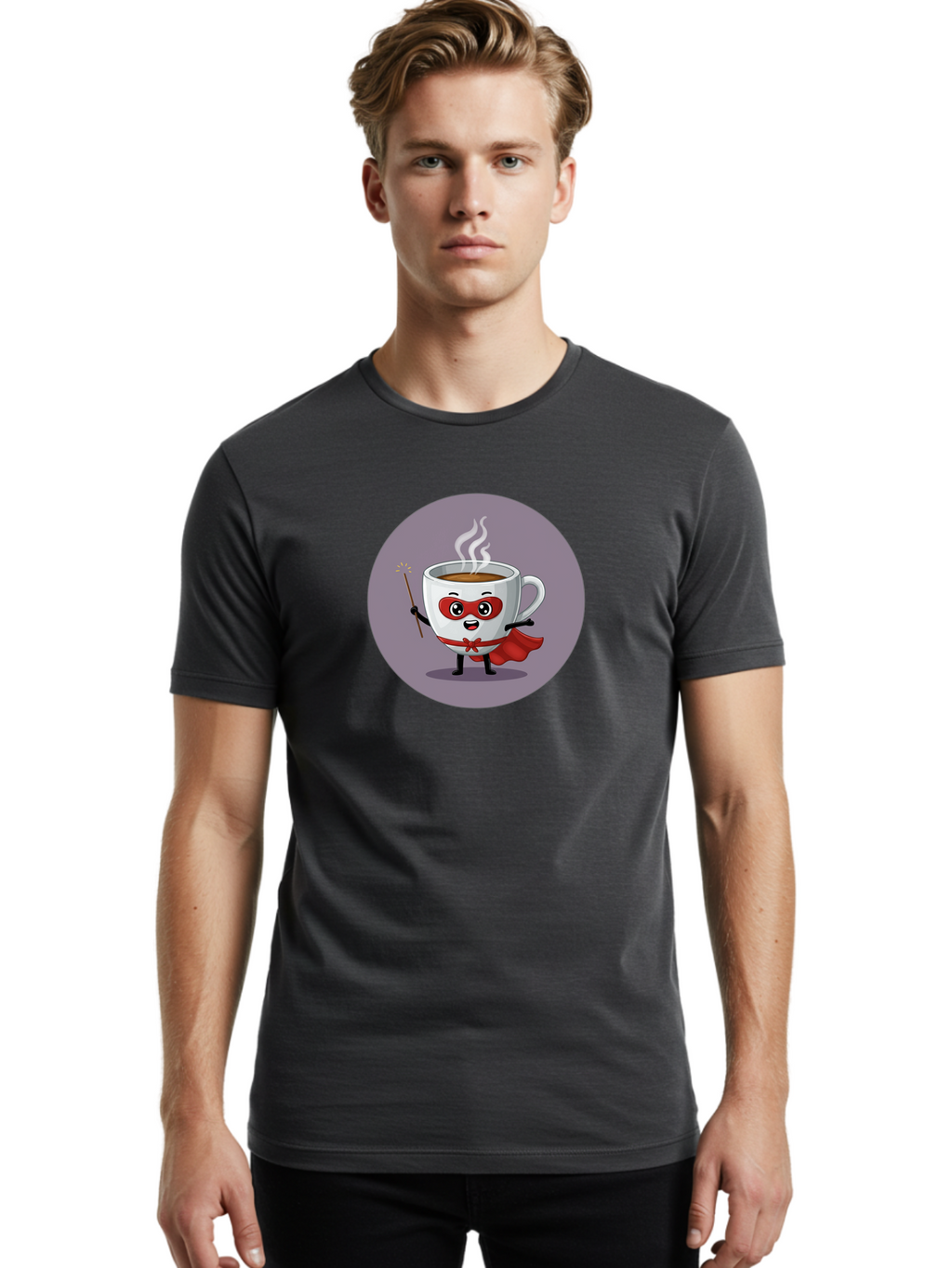 Cafe-Hero Men'S Graphic Tee, 100% Cotton, Comfortable Casual Summer Wear, Machine Washable, Cartoon Coffee Cup, Superhero Theme, Red Mask, Red Cape, Magical Wand, Steaming Hot Coffee, Funny Character, Animated Beverage Bab706