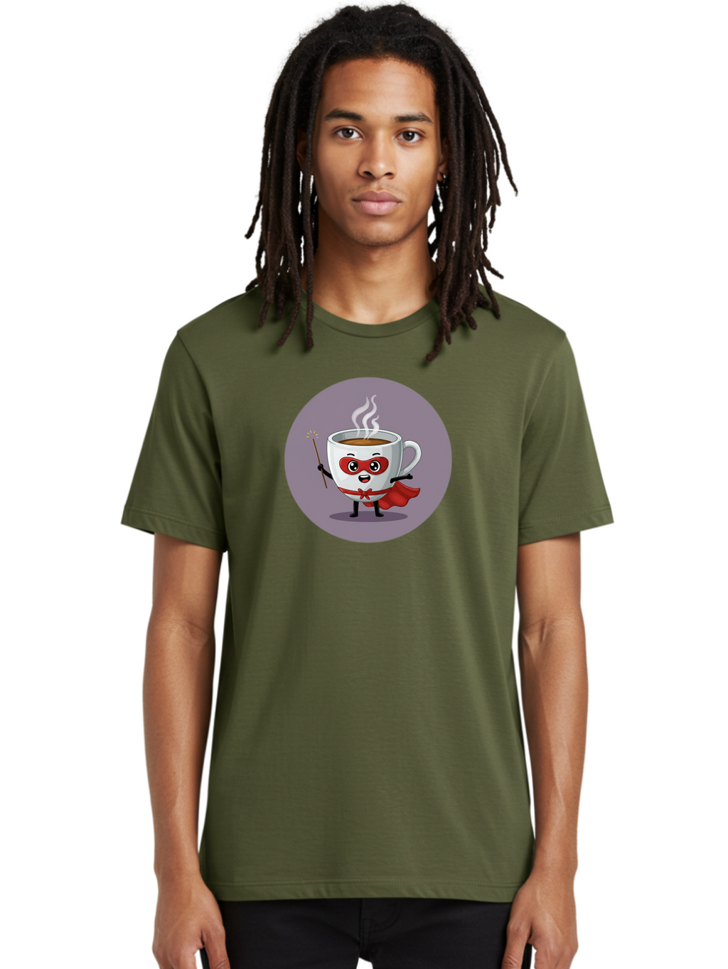 Cafe-Hero Men'S Graphic Tee, 100% Cotton, Comfortable Casual Summer Wear, Machine Washable, Cartoon Coffee Cup, Superhero Theme, Red Mask, Red Cape, Magical Wand, Steaming Hot Coffee, Funny Character, Animated Beverage Bab706