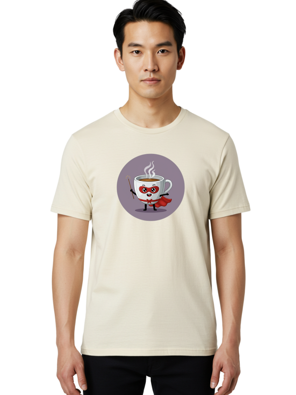 Cafe-Hero Men'S Graphic Tee, 100% Cotton, Comfortable Casual Summer Wear, Machine Washable, Cartoon Coffee Cup, Superhero Theme, Red Mask, Red Cape, Magical Wand, Steaming Hot Coffee, Funny Character, Animated Beverage Bab706