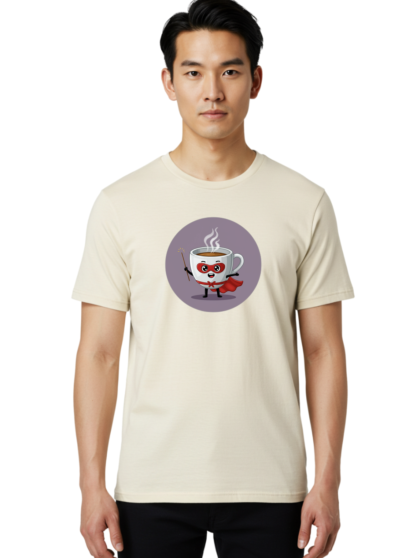 Cafe-Hero Men'S Graphic Tee, 100% Cotton, Comfortable Casual Summer Wear, Machine Washable, Cartoon Coffee Cup, Superhero Theme, Red Mask, Red Cape, Magical Wand, Steaming Hot Coffee, Funny Character, Animated Beverage Bab706