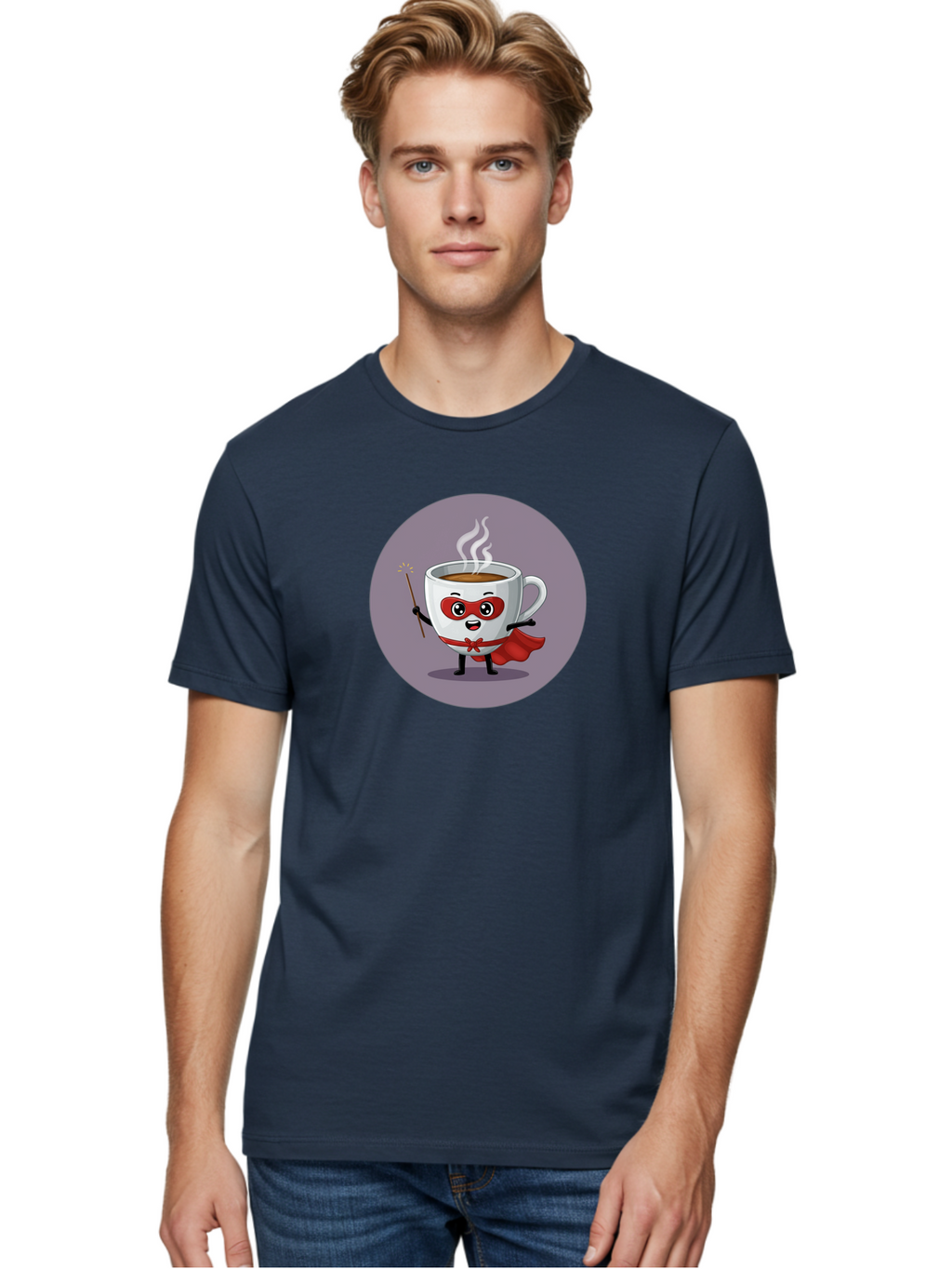 Cafe-Hero Men'S Graphic Tee, 100% Cotton, Comfortable Casual Summer Wear, Machine Washable, Cartoon Coffee Cup, Superhero Theme, Red Mask, Red Cape, Magical Wand, Steaming Hot Coffee, Funny Character, Animated Beverage Bab706