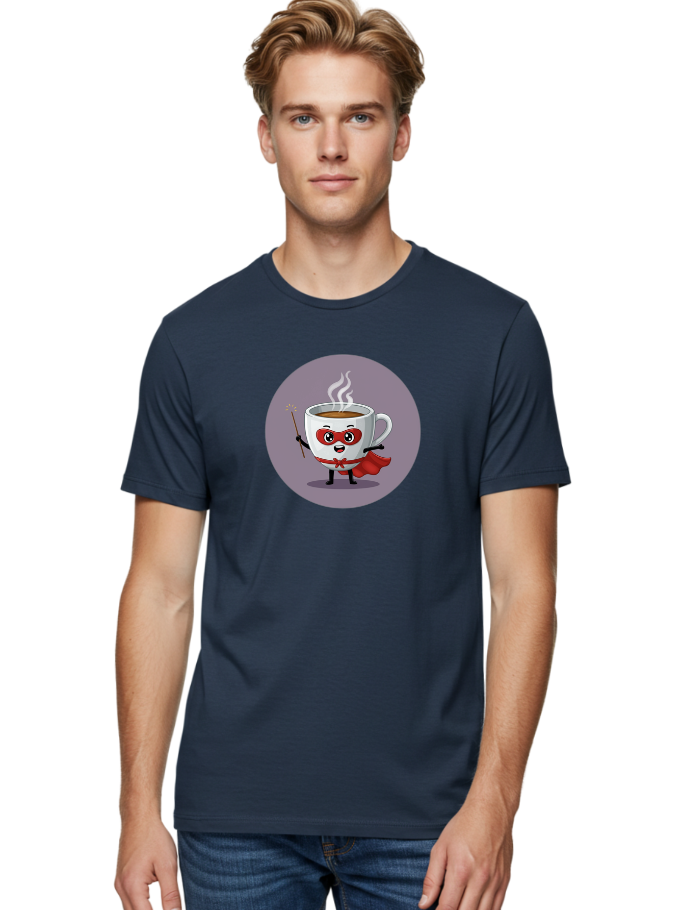Cafe-Hero Men'S Graphic Tee, 100% Cotton, Comfortable Casual Summer Wear, Machine Washable, Cartoon Coffee Cup, Superhero Theme, Red Mask, Red Cape, Magical Wand, Steaming Hot Coffee, Funny Character, Animated Beverage Bab706
