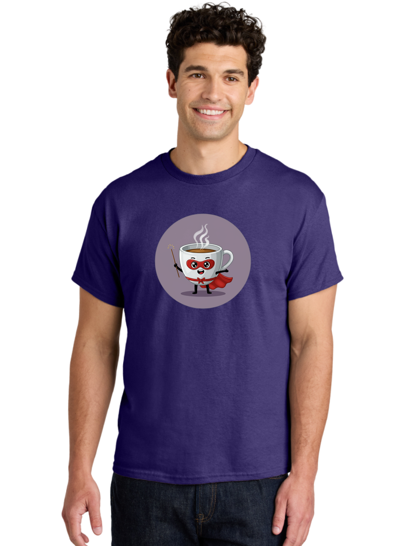 Cafe-Hero Men'S Graphic Tee, 100% Cotton, Comfortable Casual Summer Wear, Machine Washable, Cartoon Coffee Cup, Superhero Theme, Red Mask, Red Cape, Magical Wand, Steaming Hot Coffee, Funny Character, Animated Beverage Bab706