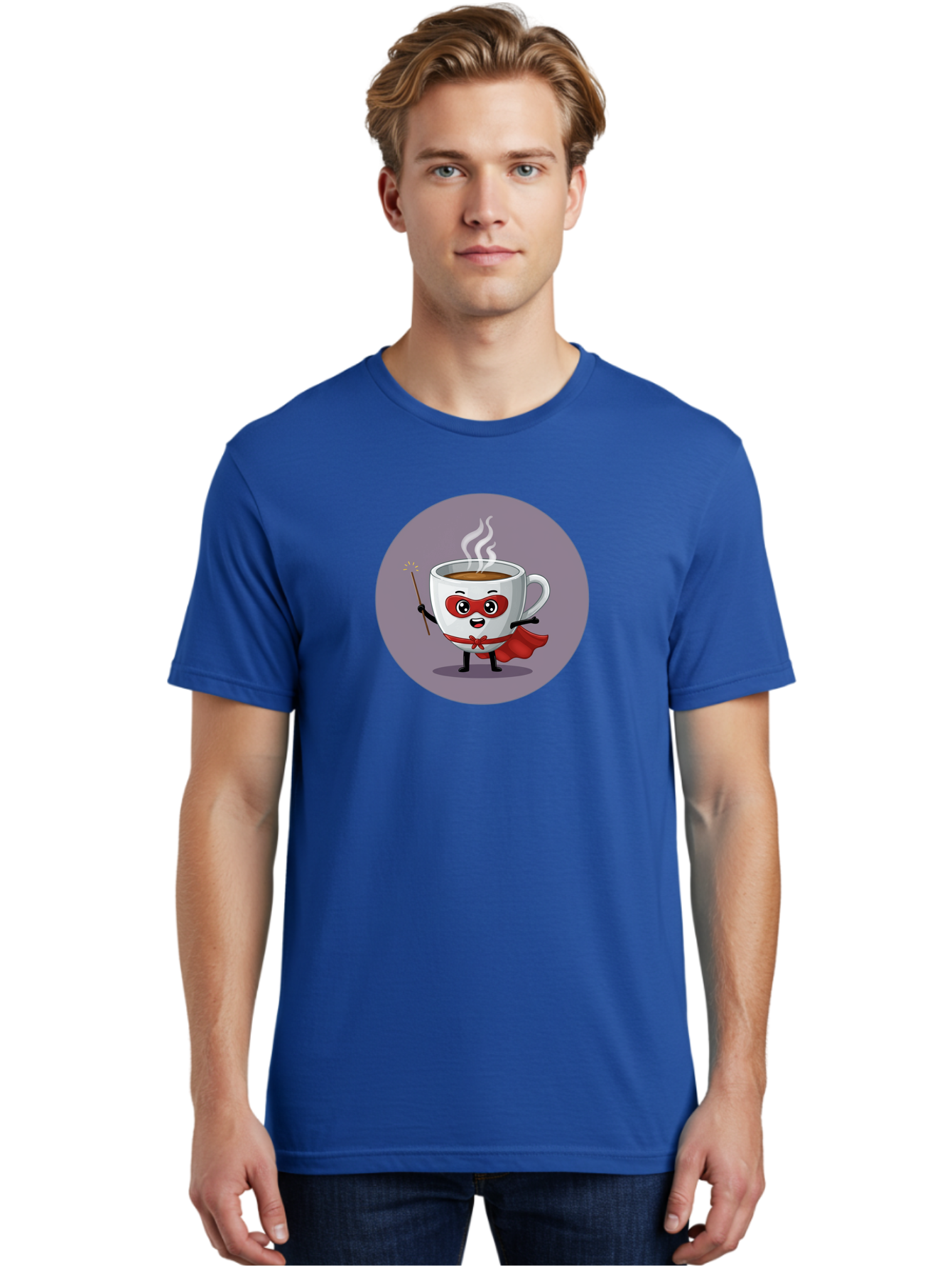 Cafe-Hero Men'S Graphic Tee, 100% Cotton, Comfortable Casual Summer Wear, Machine Washable, Cartoon Coffee Cup, Superhero Theme, Red Mask, Red Cape, Magical Wand, Steaming Hot Coffee, Funny Character, Animated Beverage Bab706