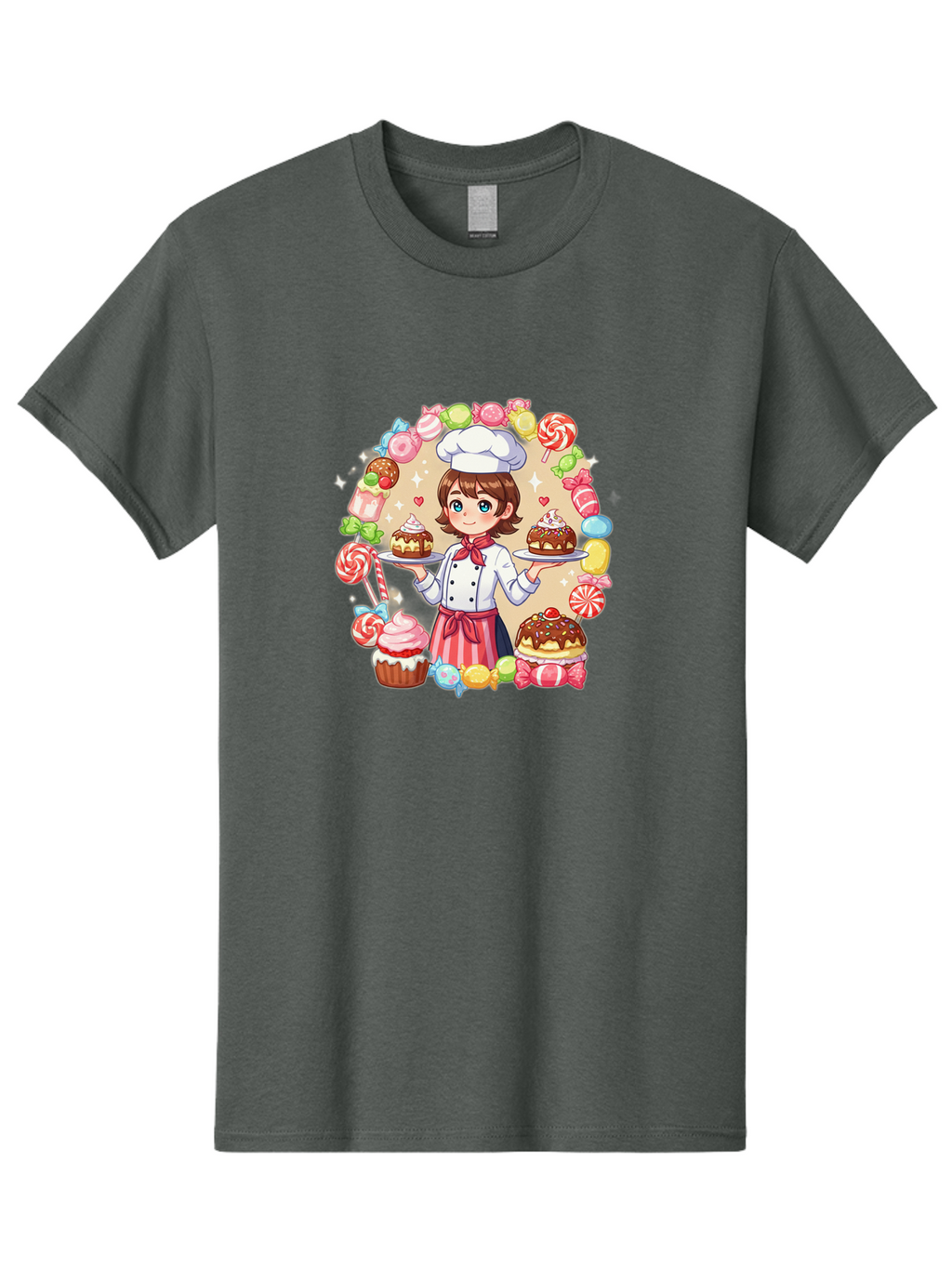 Candy-Baker Men'S Graphic Tee, 100% Cotton, Comfortable Casual Summer Wear, Machine Washable, Cartoon Chef, Cute Baker, Sweet Treats, Desserts, Cupcakes, Cakes, Candy, Lollipops, Pastry Chef, Baked Goods, Confectionery Bab707