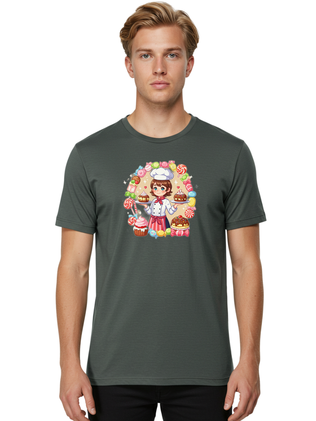 Candy-Baker Men'S Graphic Tee, 100% Cotton, Comfortable Casual Summer Wear, Machine Washable, Cartoon Chef, Cute Baker, Sweet Treats, Desserts, Cupcakes, Cakes, Candy, Lollipops, Pastry Chef, Baked Goods, Confectionery Bab707
