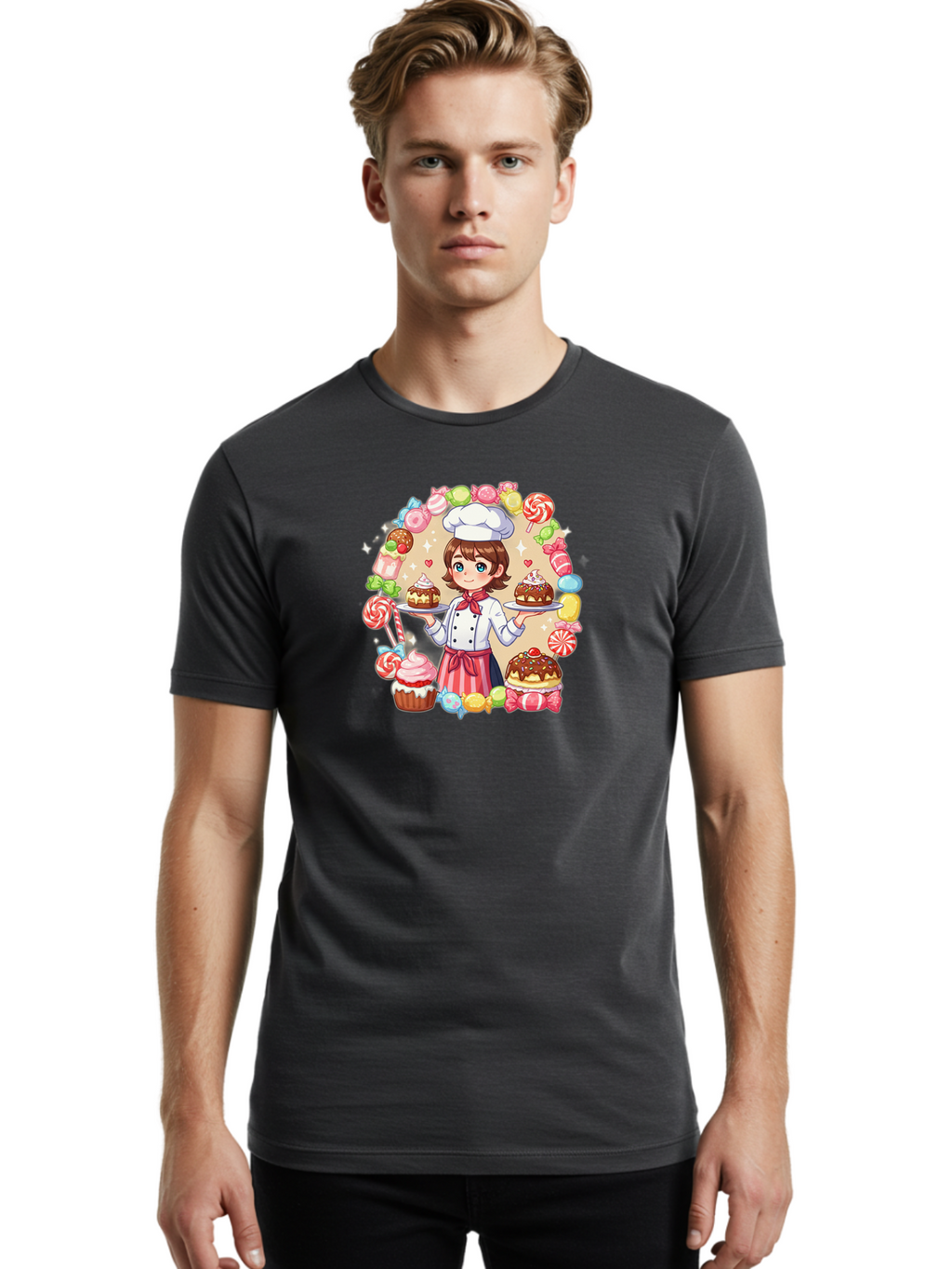 Candy-Baker Men'S Graphic Tee, 100% Cotton, Comfortable Casual Summer Wear, Machine Washable, Cartoon Chef, Cute Baker, Sweet Treats, Desserts, Cupcakes, Cakes, Candy, Lollipops, Pastry Chef, Baked Goods, Confectionery Bab707