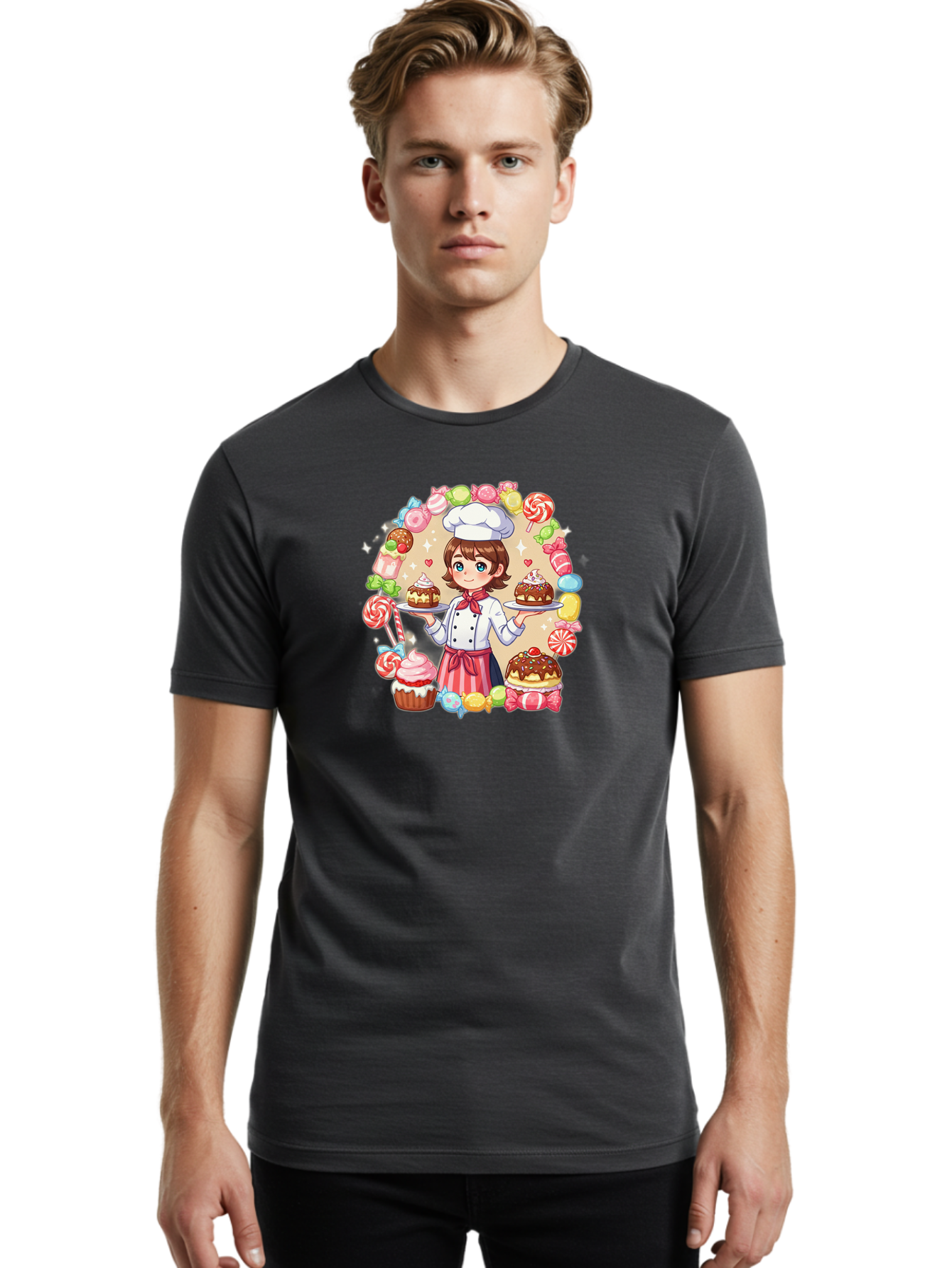 Candy-Baker Men'S Graphic Tee, 100% Cotton, Comfortable Casual Summer Wear, Machine Washable, Cartoon Chef, Cute Baker, Sweet Treats, Desserts, Cupcakes, Cakes, Candy, Lollipops, Pastry Chef, Baked Goods, Confectionery Bab707