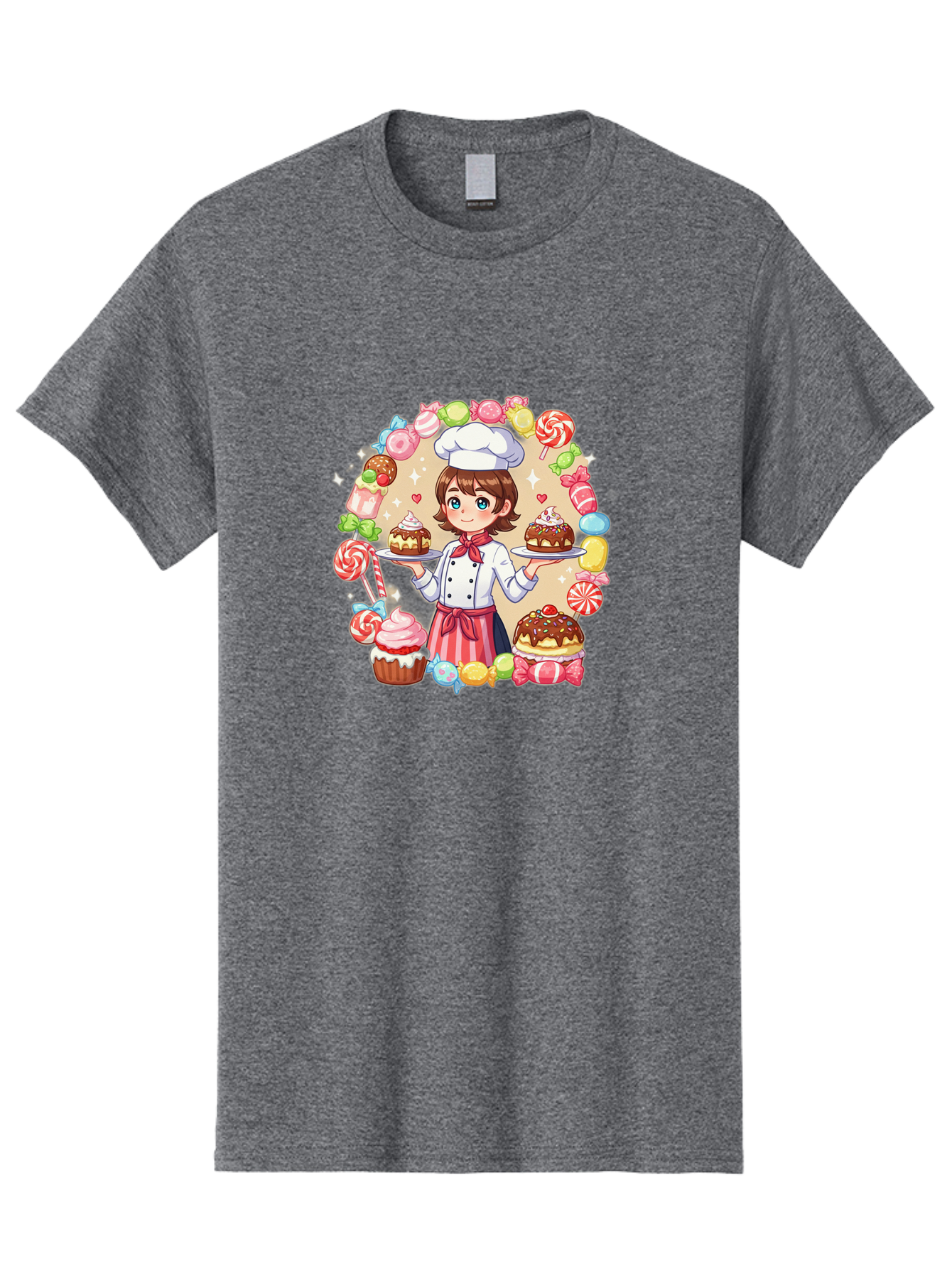 Candy-Baker Men'S Graphic Tee, 100% Cotton, Comfortable Casual Summer Wear, Machine Washable, Cartoon Chef, Cute Baker, Sweet Treats, Desserts, Cupcakes, Cakes, Candy, Lollipops, Pastry Chef, Baked Goods, Confectionery Bab707