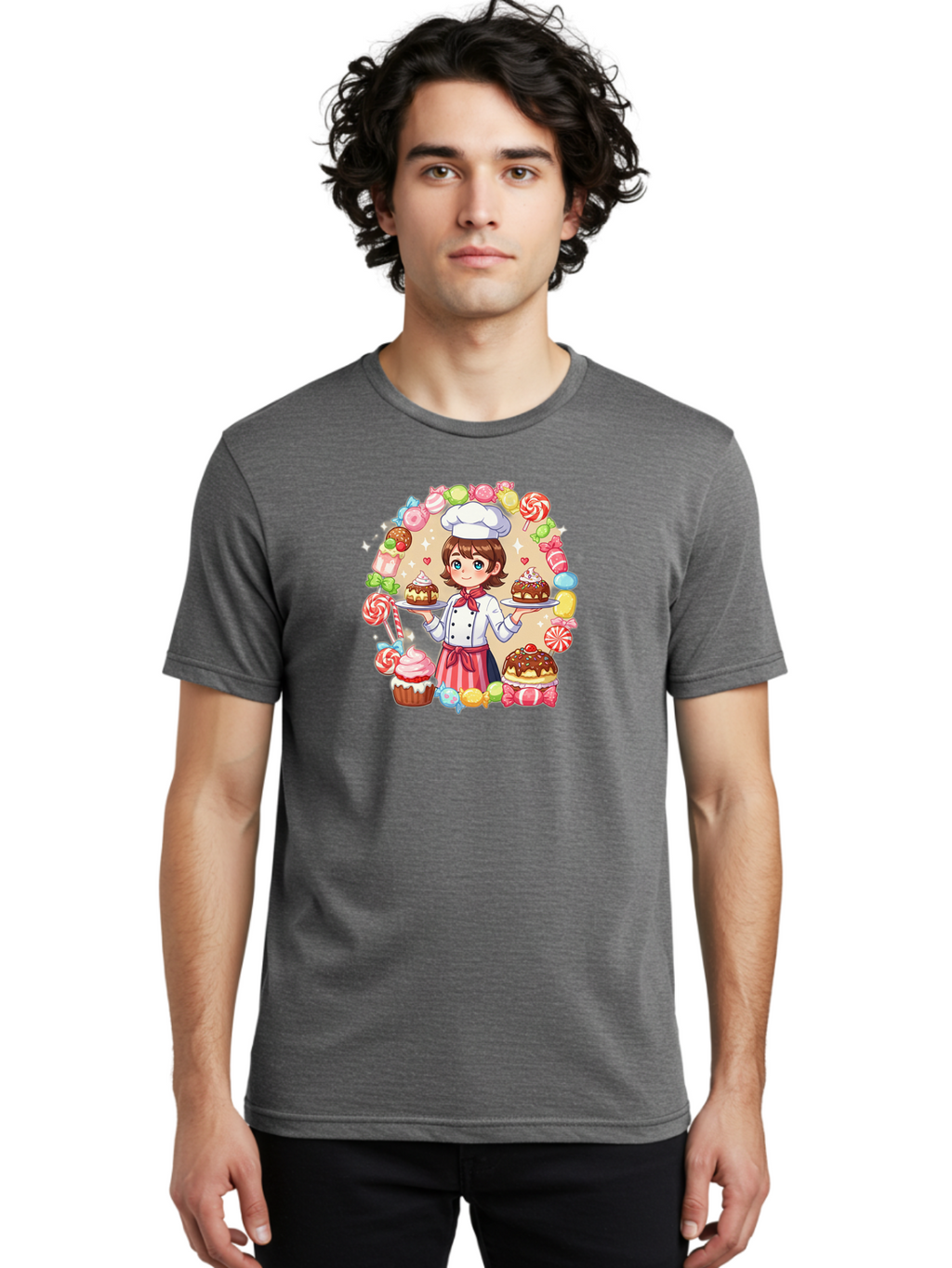Candy-Baker Men'S Graphic Tee, 100% Cotton, Comfortable Casual Summer Wear, Machine Washable, Cartoon Chef, Cute Baker, Sweet Treats, Desserts, Cupcakes, Cakes, Candy, Lollipops, Pastry Chef, Baked Goods, Confectionery Bab707