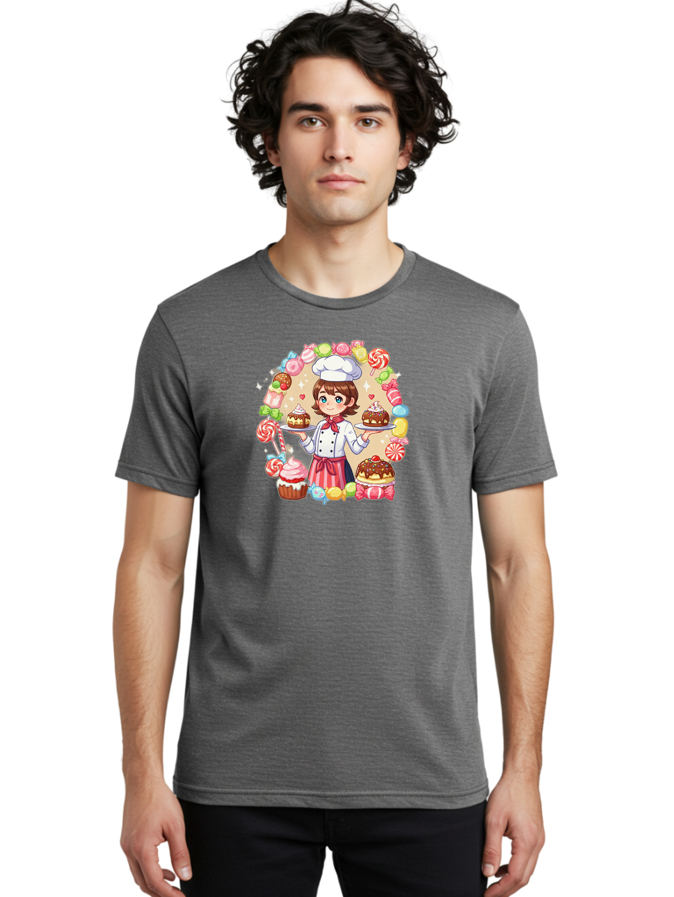 Candy-Baker Men'S Graphic Tee, 100% Cotton, Comfortable Casual Summer Wear, Machine Washable, Cartoon Chef, Cute Baker, Sweet Treats, Desserts, Cupcakes, Cakes, Candy, Lollipops, Pastry Chef, Baked Goods, Confectionery Bab707