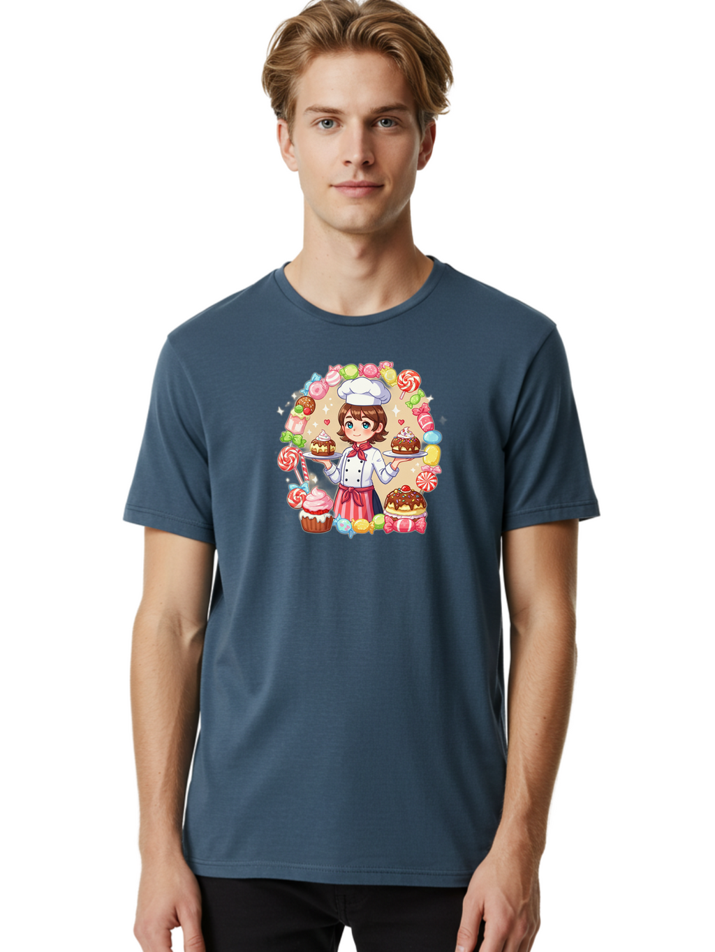 Candy-Baker Men'S Graphic Tee, 100% Cotton, Comfortable Casual Summer Wear, Machine Washable, Cartoon Chef, Cute Baker, Sweet Treats, Desserts, Cupcakes, Cakes, Candy, Lollipops, Pastry Chef, Baked Goods, Confectionery Bab707