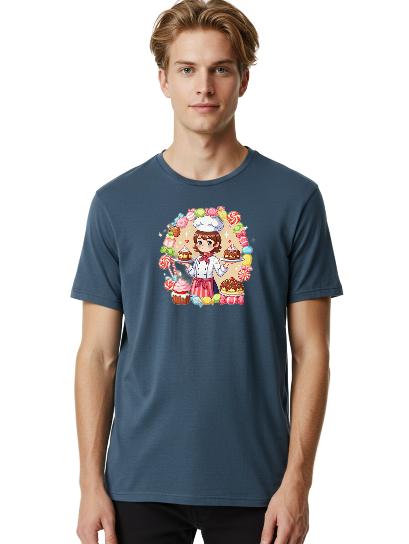 Candy-Baker Men'S Graphic Tee, 100% Cotton, Comfortable Casual Summer Wear, Machine Washable, Cartoon Chef, Cute Baker, Sweet Treats, Desserts, Cupcakes, Cakes, Candy, Lollipops, Pastry Chef, Baked Goods, Confectionery Bab707
