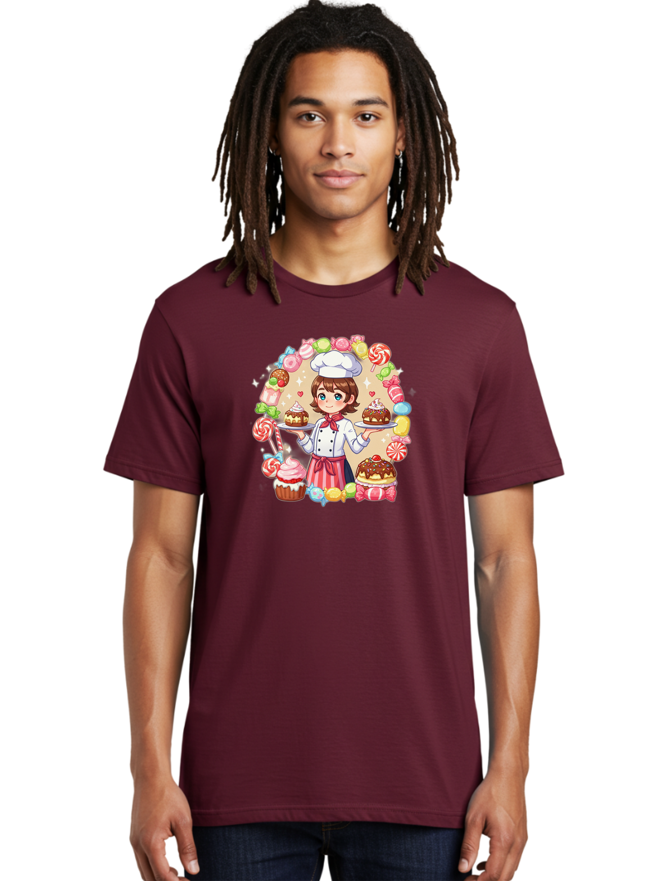 Candy-Baker Men'S Graphic Tee, 100% Cotton, Comfortable Casual Summer Wear, Machine Washable, Cartoon Chef, Cute Baker, Sweet Treats, Desserts, Cupcakes, Cakes, Candy, Lollipops, Pastry Chef, Baked Goods, Confectionery Bab707