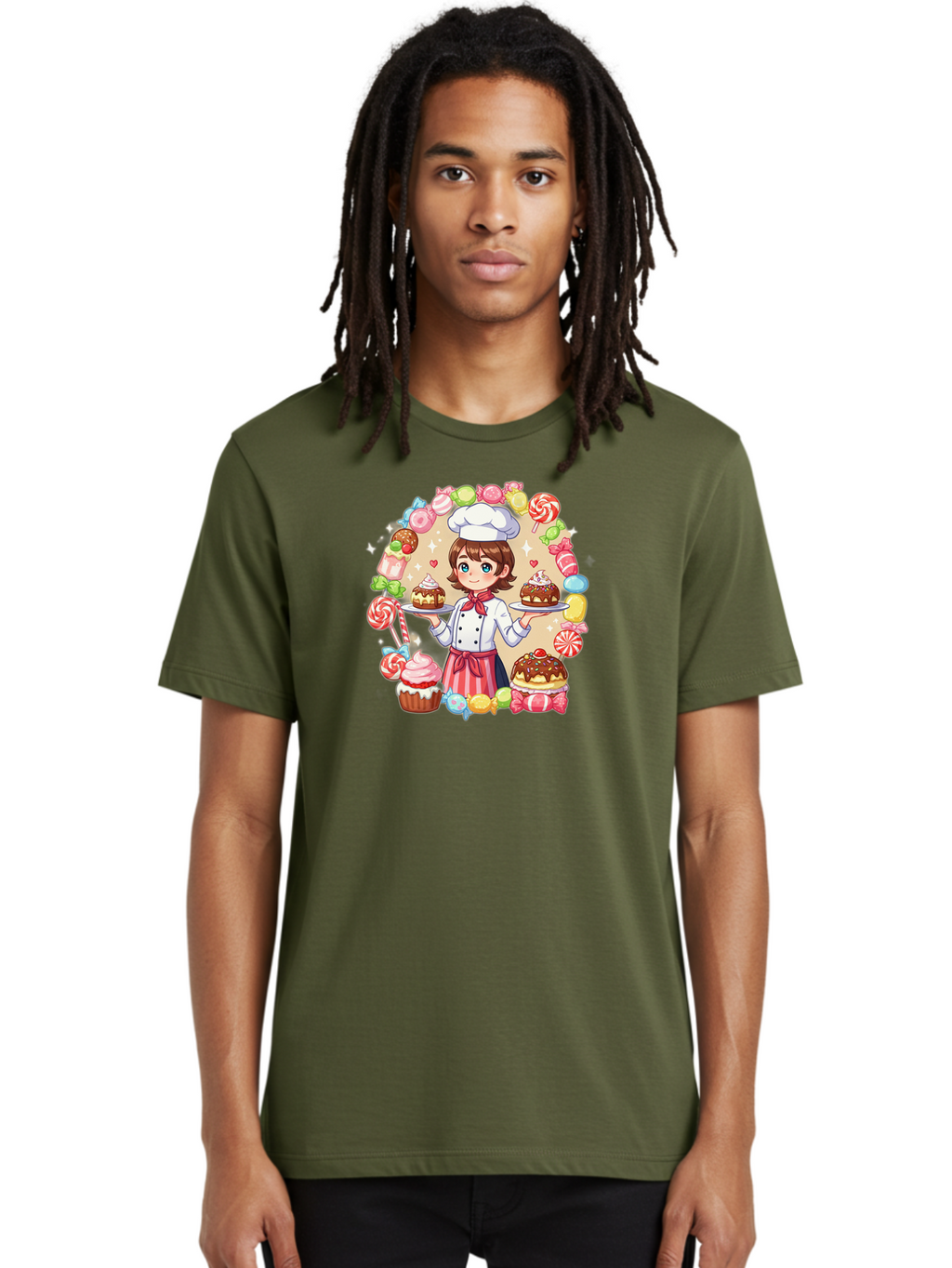 Candy-Baker Men'S Graphic Tee, 100% Cotton, Comfortable Casual Summer Wear, Machine Washable, Cartoon Chef, Cute Baker, Sweet Treats, Desserts, Cupcakes, Cakes, Candy, Lollipops, Pastry Chef, Baked Goods, Confectionery Bab707
